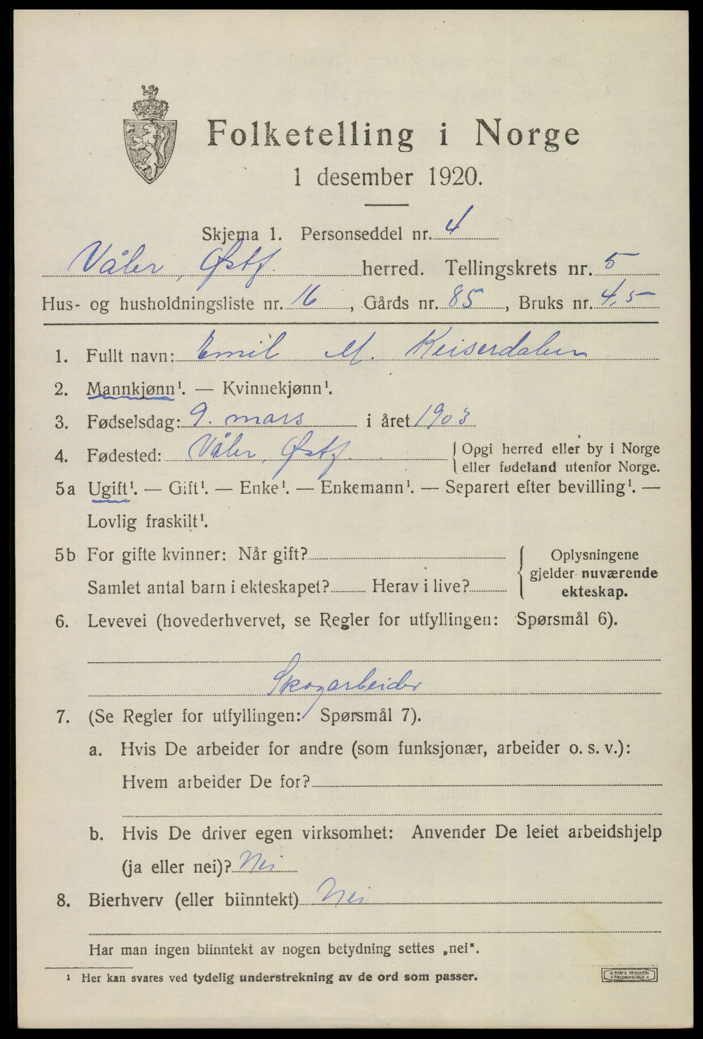 SAO, 1920 census for Våler, 1920, p. 2818