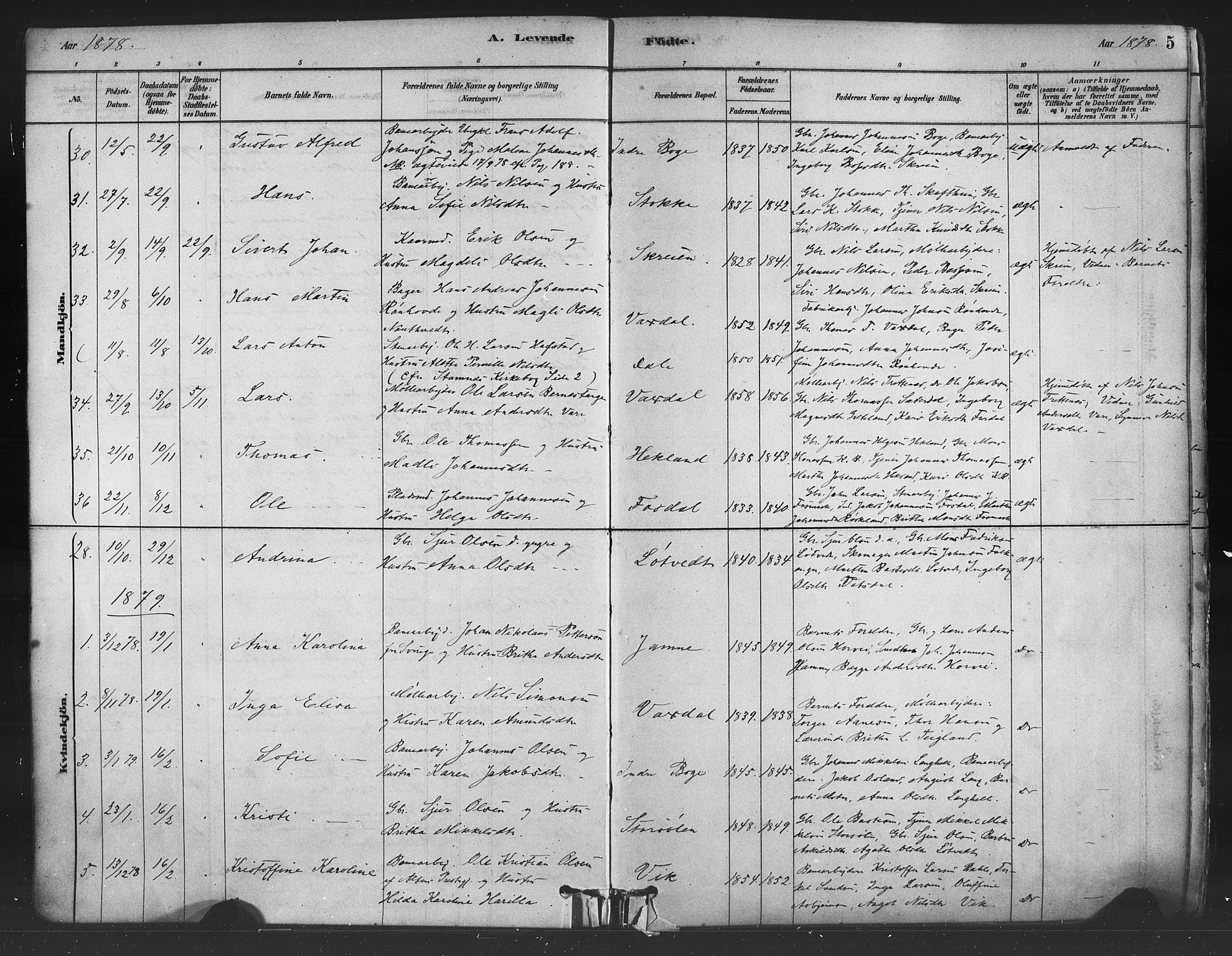 Bruvik Sokneprestembete, SAB/A-74701/H/Haa: Parish register (official) no. B 1, 1878-1904, p. 5