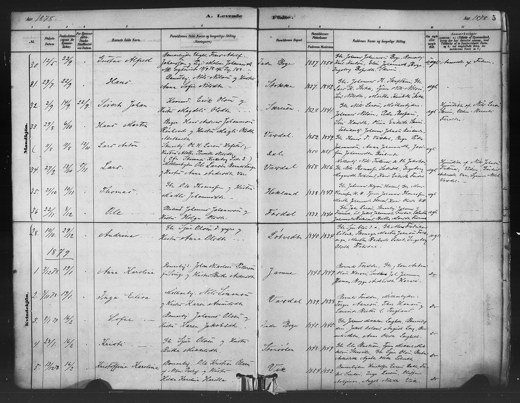 Bruvik Sokneprestembete, AV/SAB-A-74701/H/Haa: Parish register (official) no. B 1, 1878-1904, p. 5