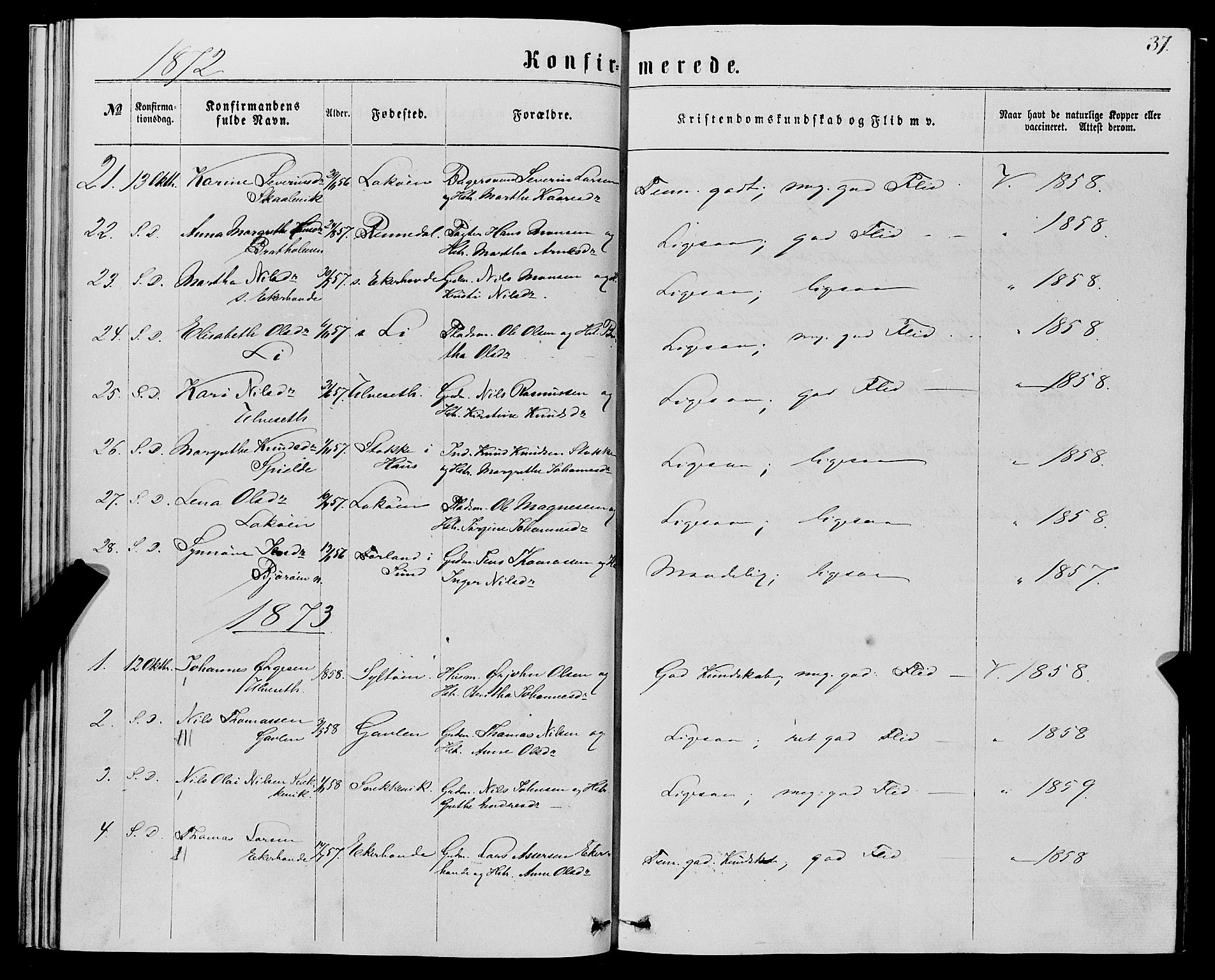 Fjell sokneprestembete, SAB/A-75301/H/Haa: Parish register (official) no. A 5, 1864-1877, p. 37