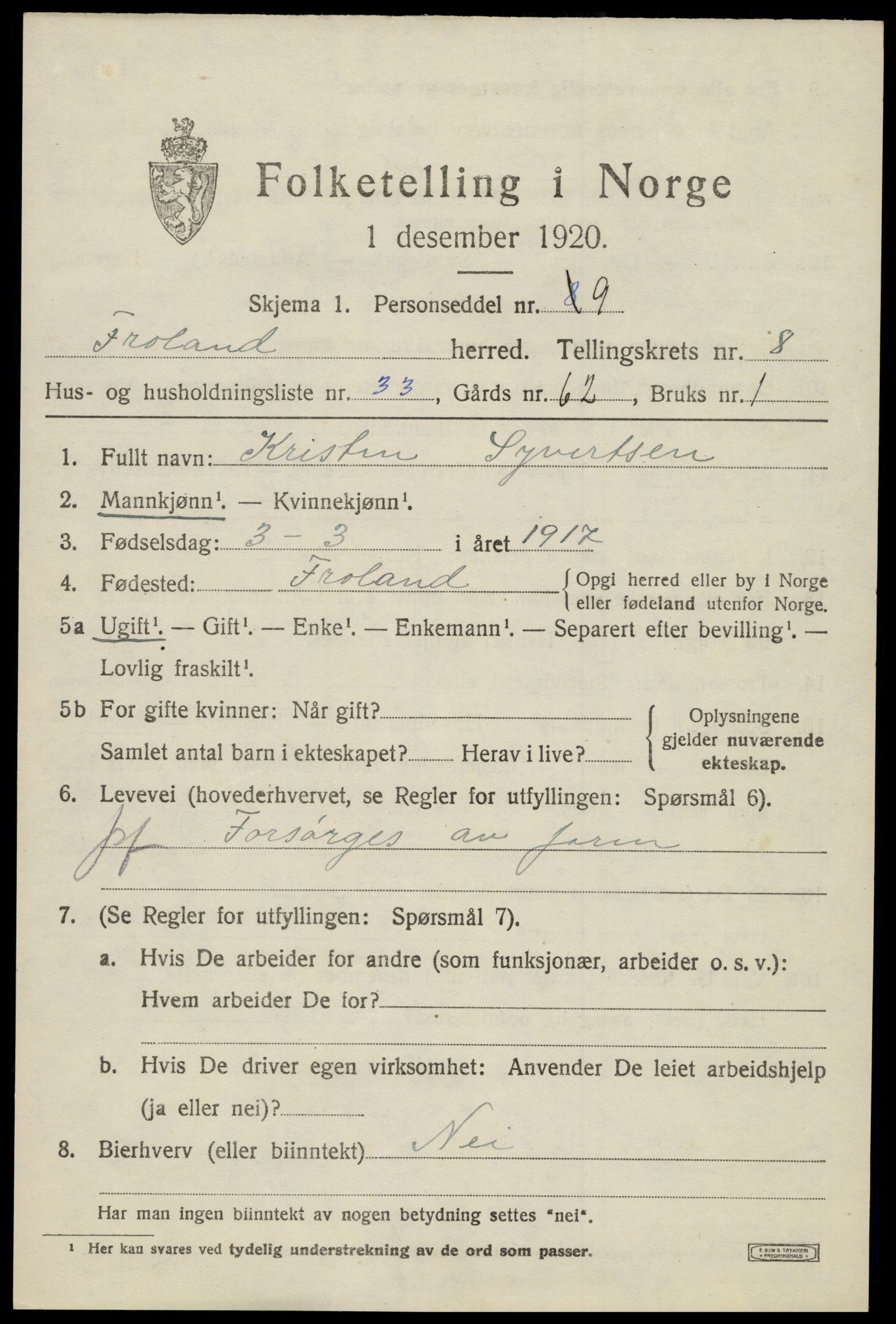 SAK, 1920 census for Froland, 1920, p. 4905