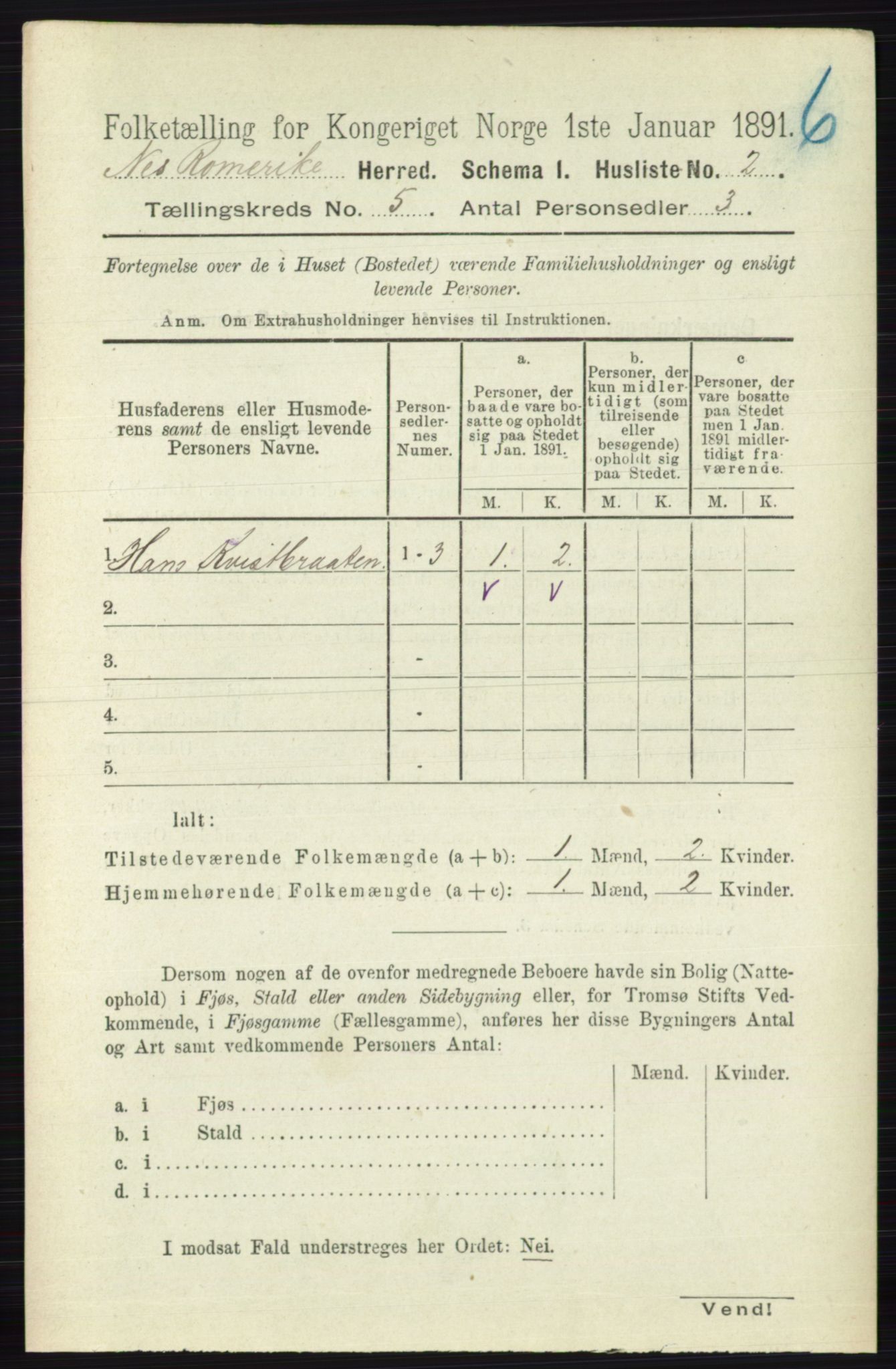 RA, 1891 census for 0236 Nes, 1891, p. 2703