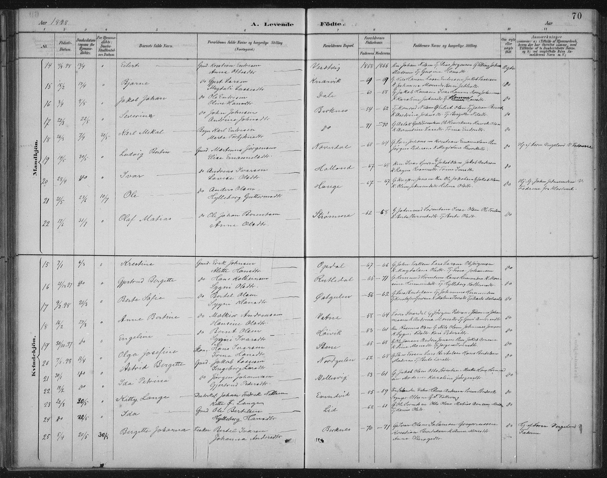 Gulen sokneprestembete, AV/SAB-A-80201/H/Hab/Habb/L0003: Parish register (copy) no. B 3, 1884-1907, p. 70