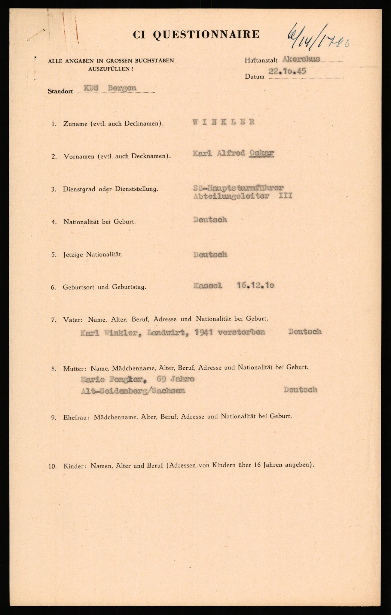 Forsvaret, Forsvarets overkommando II, AV/RA-RAFA-3915/D/Db/L0036: CI Questionaires. Tyske okkupasjonsstyrker i Norge. Tyskere., 1945-1946, p. 161