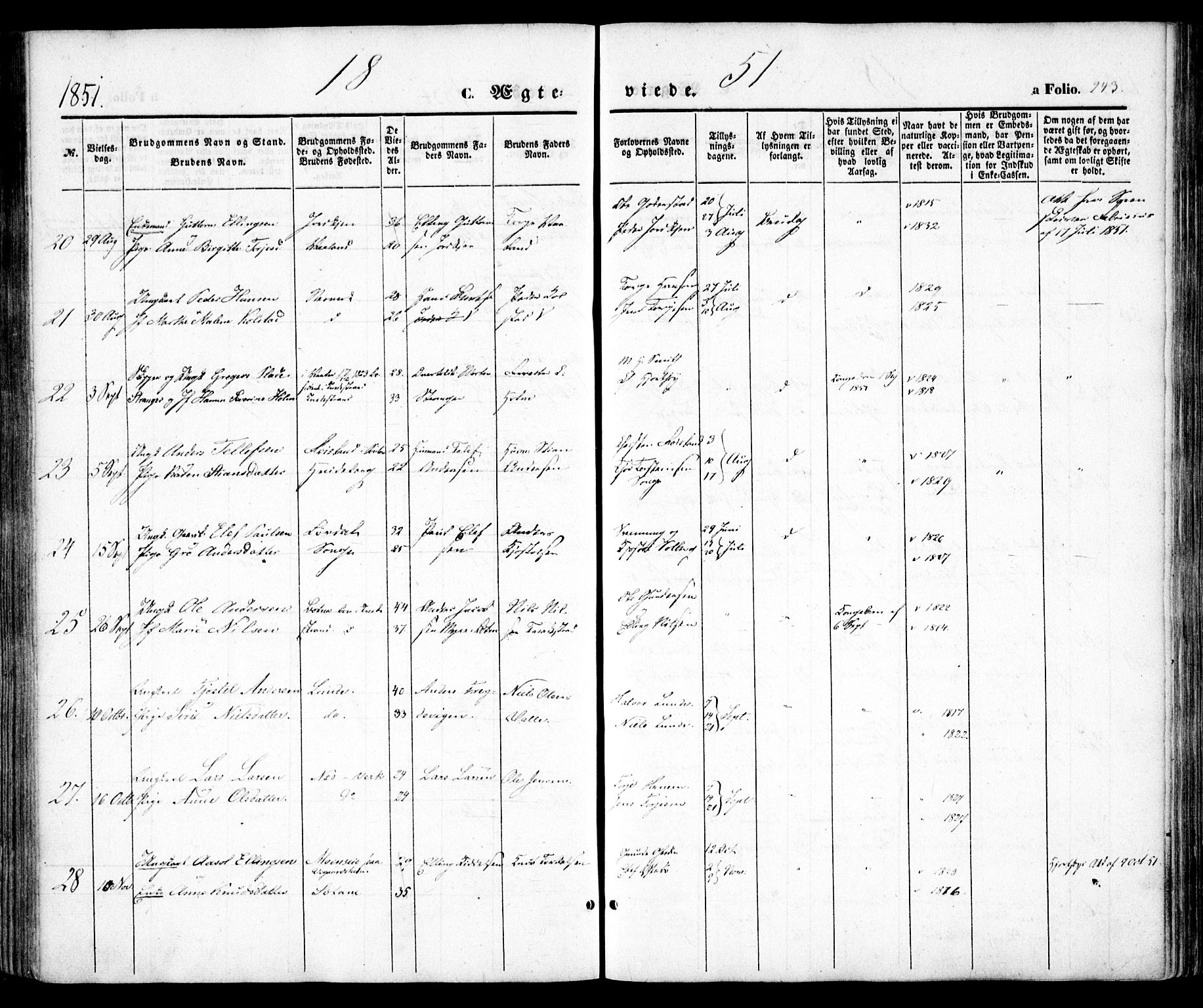 Holt sokneprestkontor, AV/SAK-1111-0021/F/Fa/L0008: Parish register (official) no. A 8, 1849-1860, p. 243