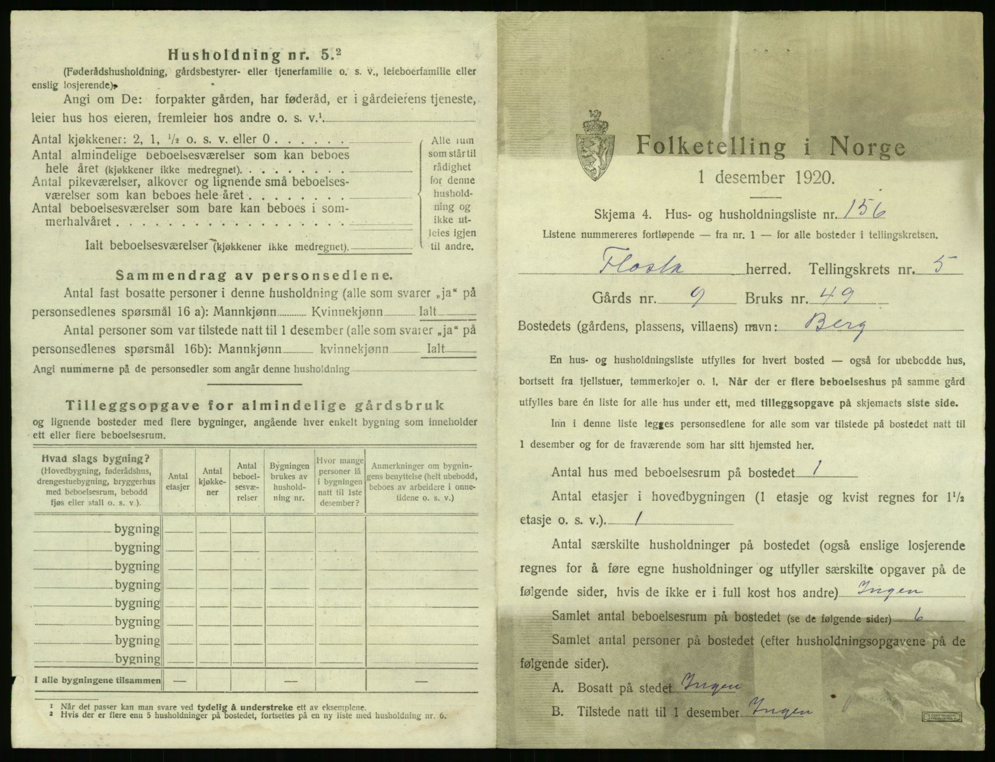 SAK, 1920 census for Flosta, 1920, p. 852