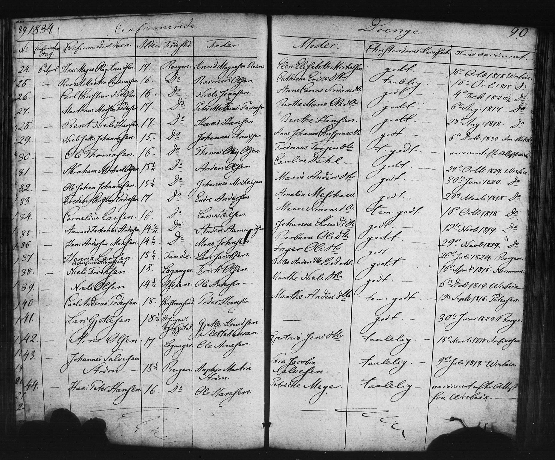 Domkirken sokneprestembete, AV/SAB-A-74801/H/Haa/L0063: Curate's parish register no. A 1, 1821-1848, p. 89-90