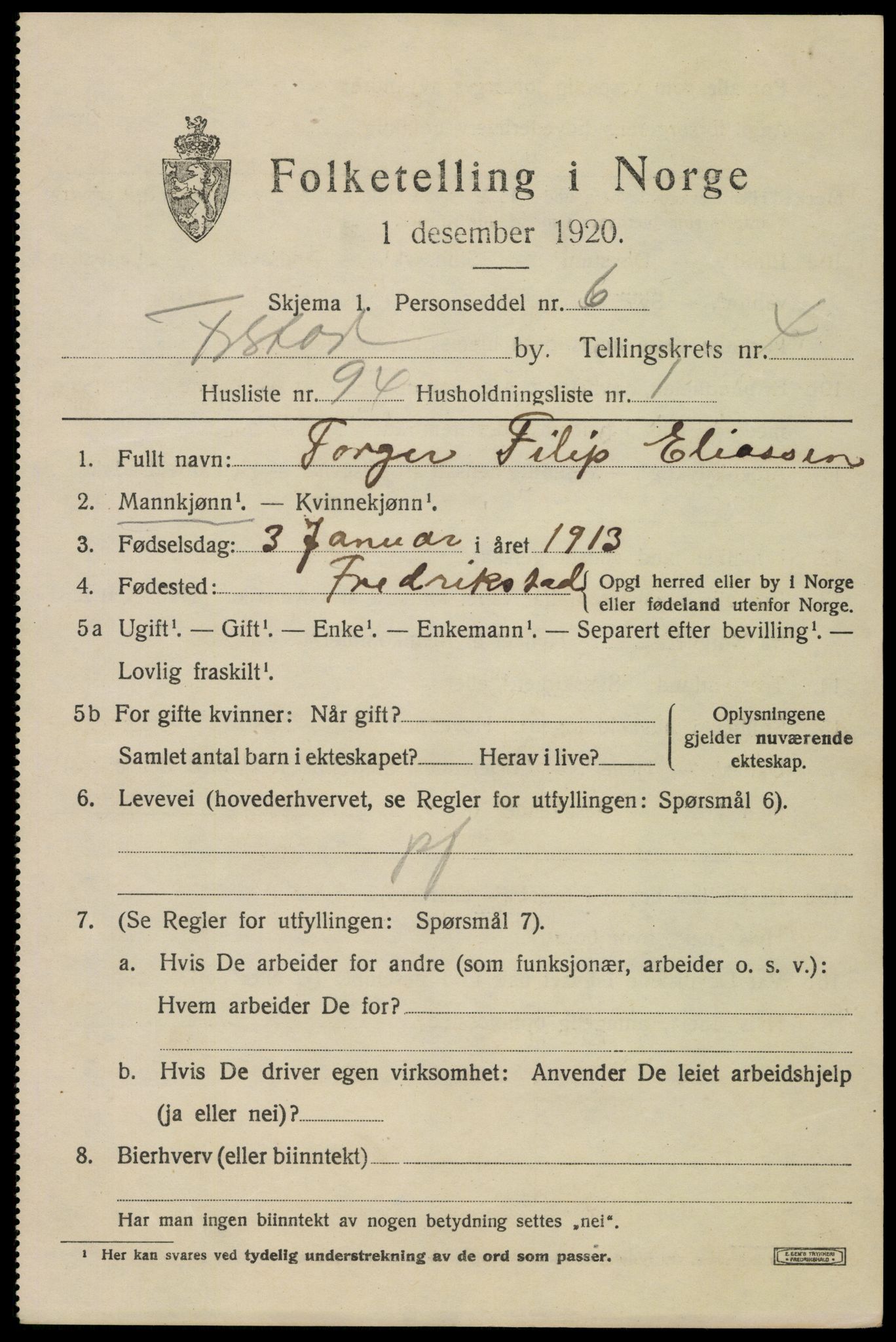 SAO, 1920 census for Fredrikstad, 1920, p. 18537