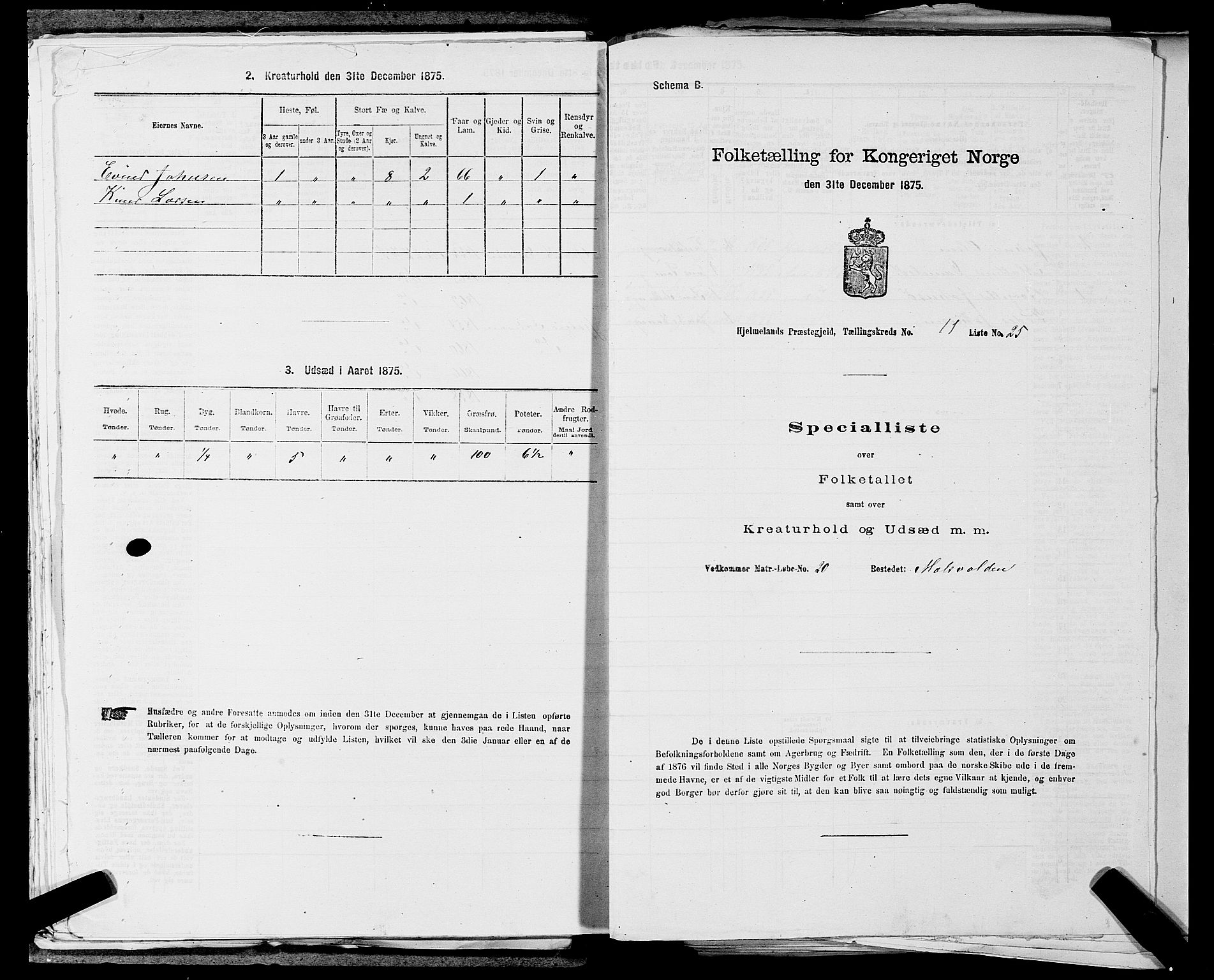 SAST, 1875 census for 1133P Hjelmeland, 1875, p. 1378