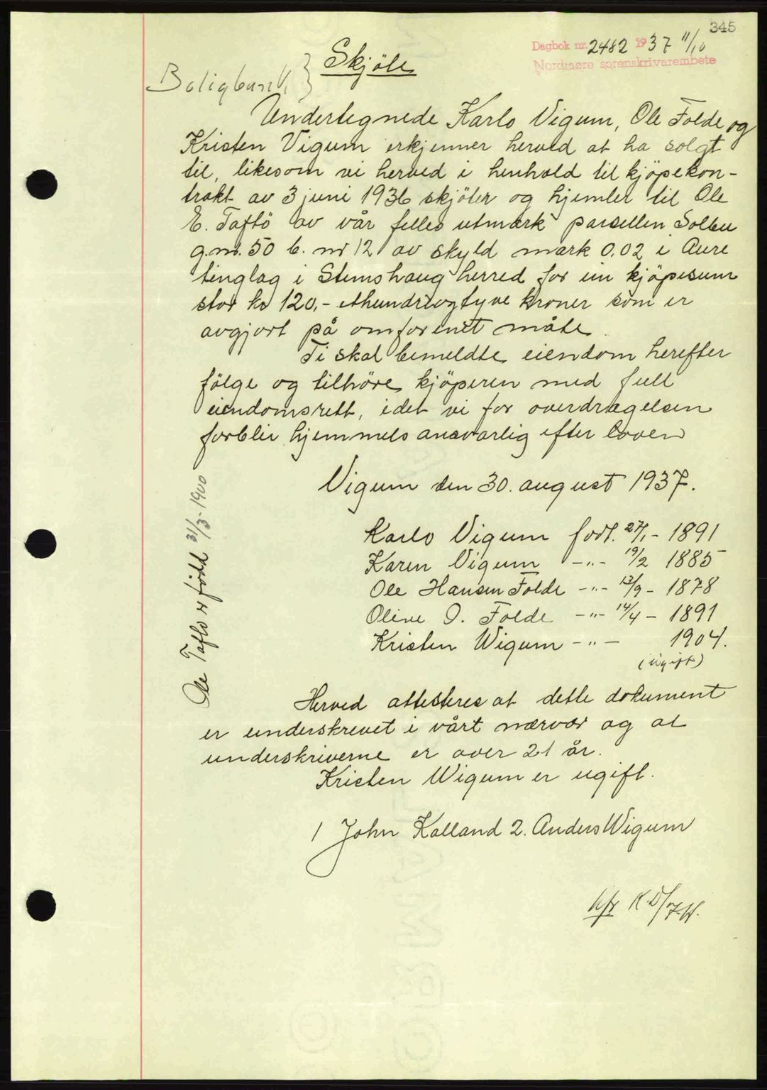 Nordmøre sorenskriveri, SAT/A-4132/1/2/2Ca: Mortgage book no. A82, 1937-1938, Diary no: : 2482/1937