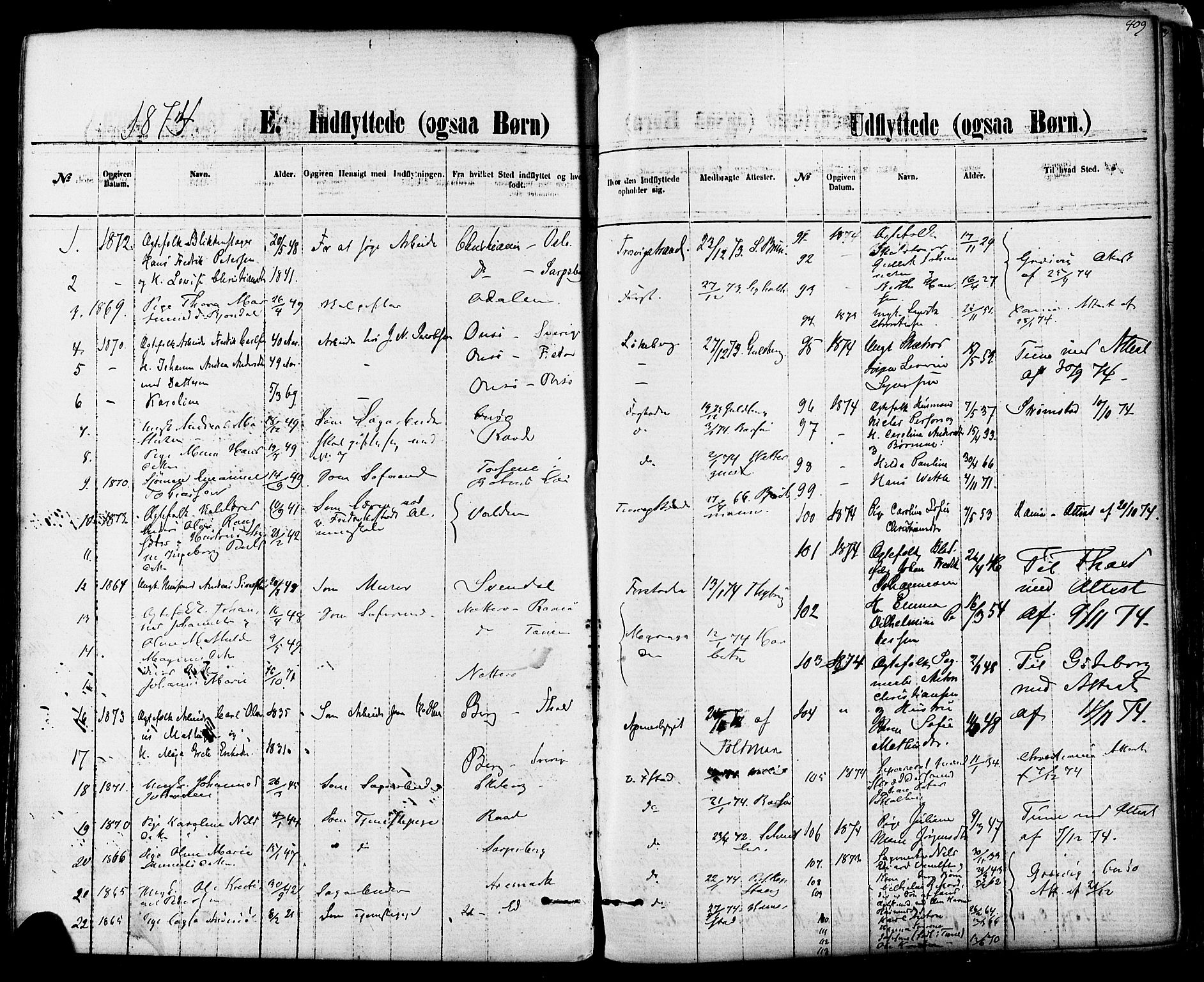 Fredrikstad domkirkes prestekontor Kirkebøker, SAO/A-10906/F/Fa/L0001: Parish register (official) no. 1, 1871-1878, p. 409