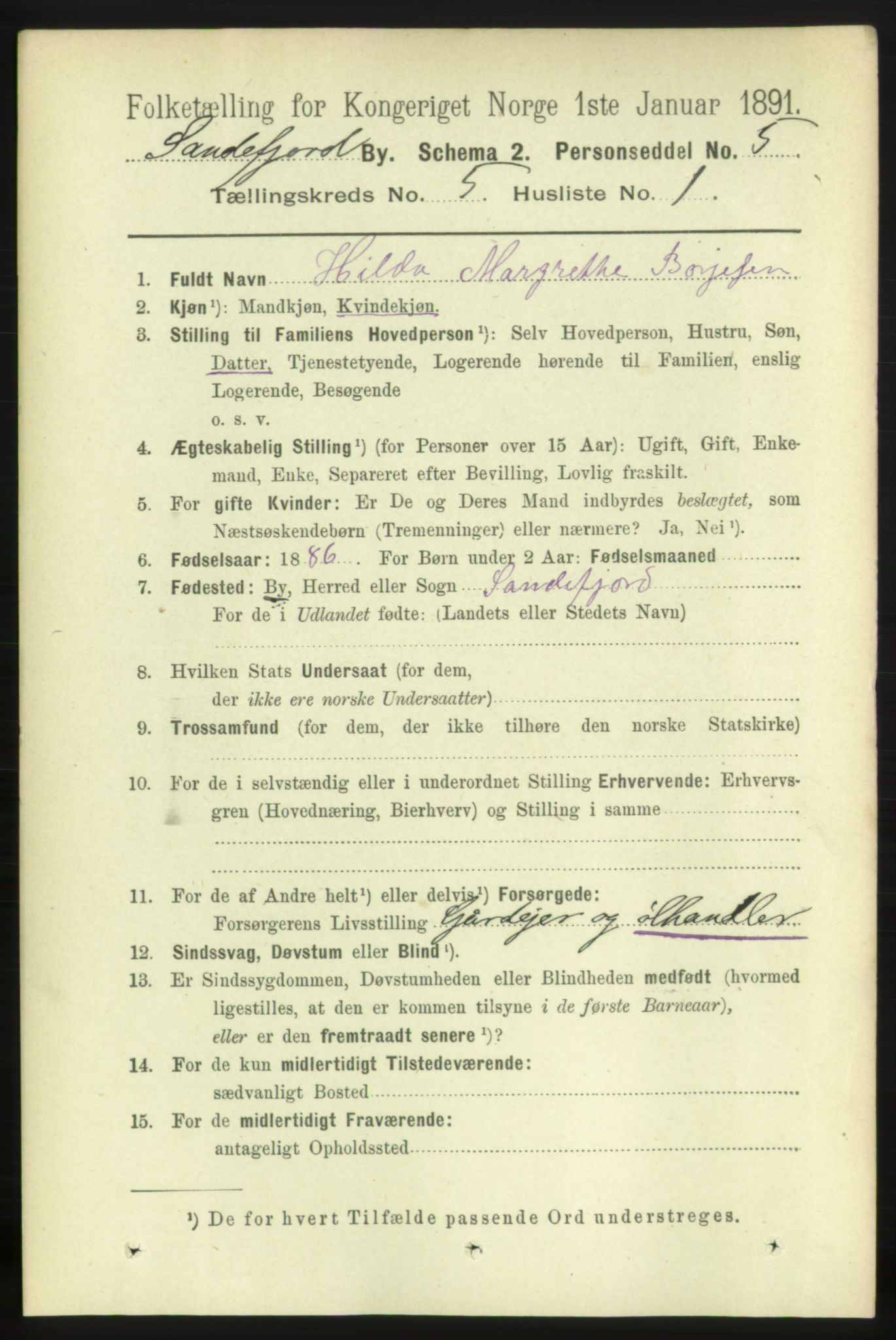 RA, 1891 census for 0706 Sandefjord, 1891, p. 1742