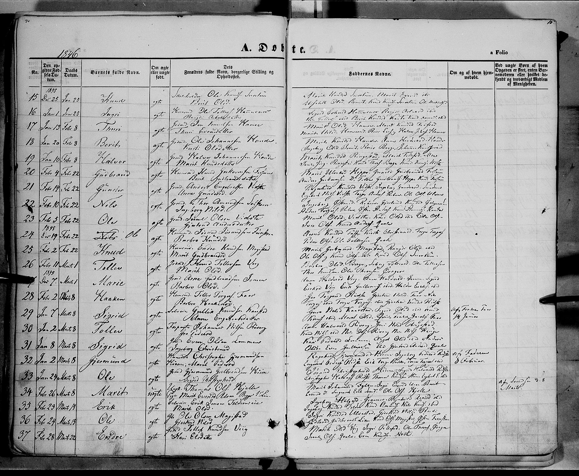 Vestre Slidre prestekontor, SAH/PREST-136/H/Ha/Haa/L0001: Parish register (official) no. 1, 1844-1855, p. 15