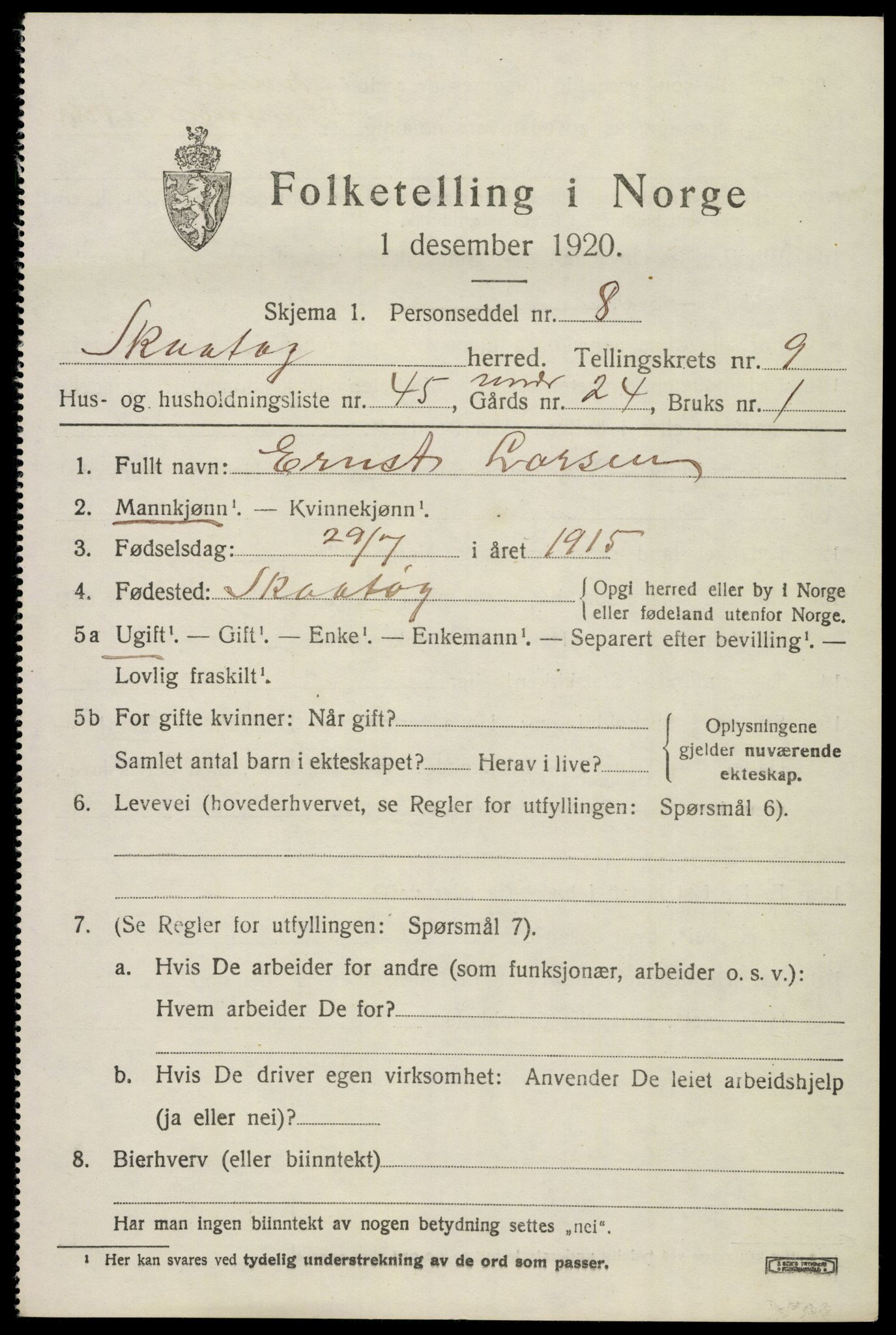 SAKO, 1920 census for Skåtøy, 1920, p. 7108