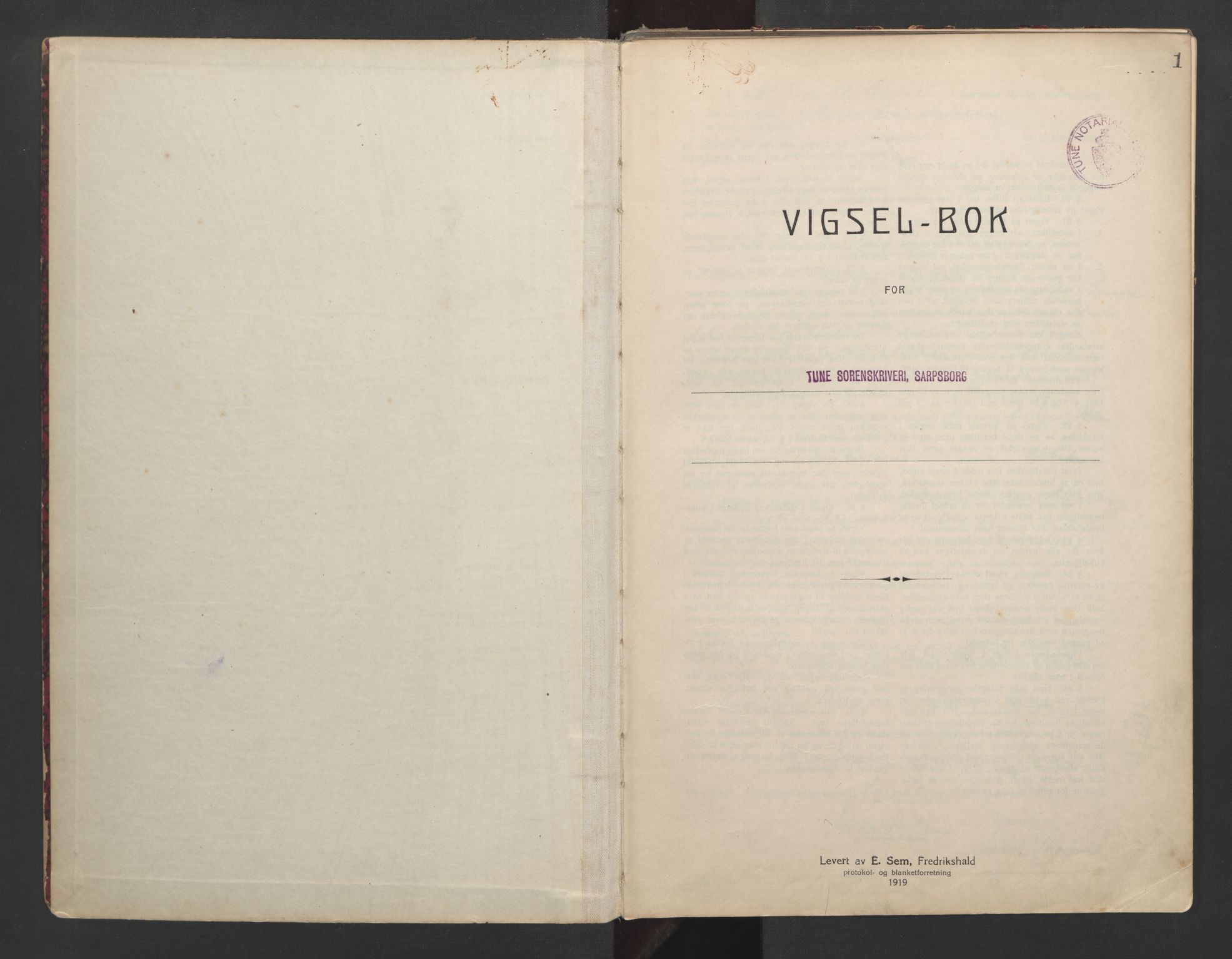 Tune sorenskriveri, SAO/A-10470/L/Lb/L0001: Vigselprotokoll, 1923-1943, p. 1