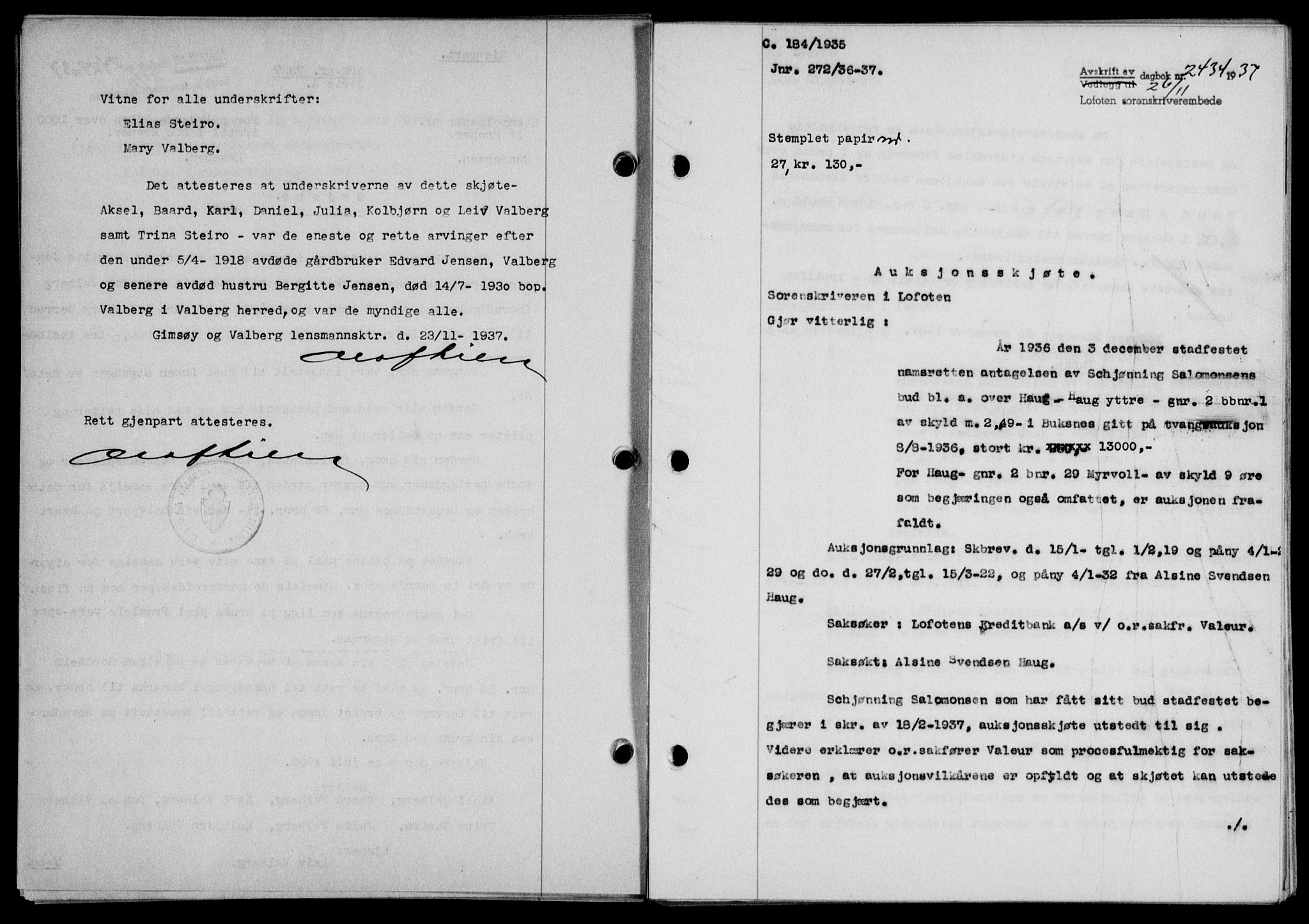 Lofoten sorenskriveri, SAT/A-0017/1/2/2C/L0003a: Mortgage book no. 3a, 1937-1938, Diary no: : 2434/1937