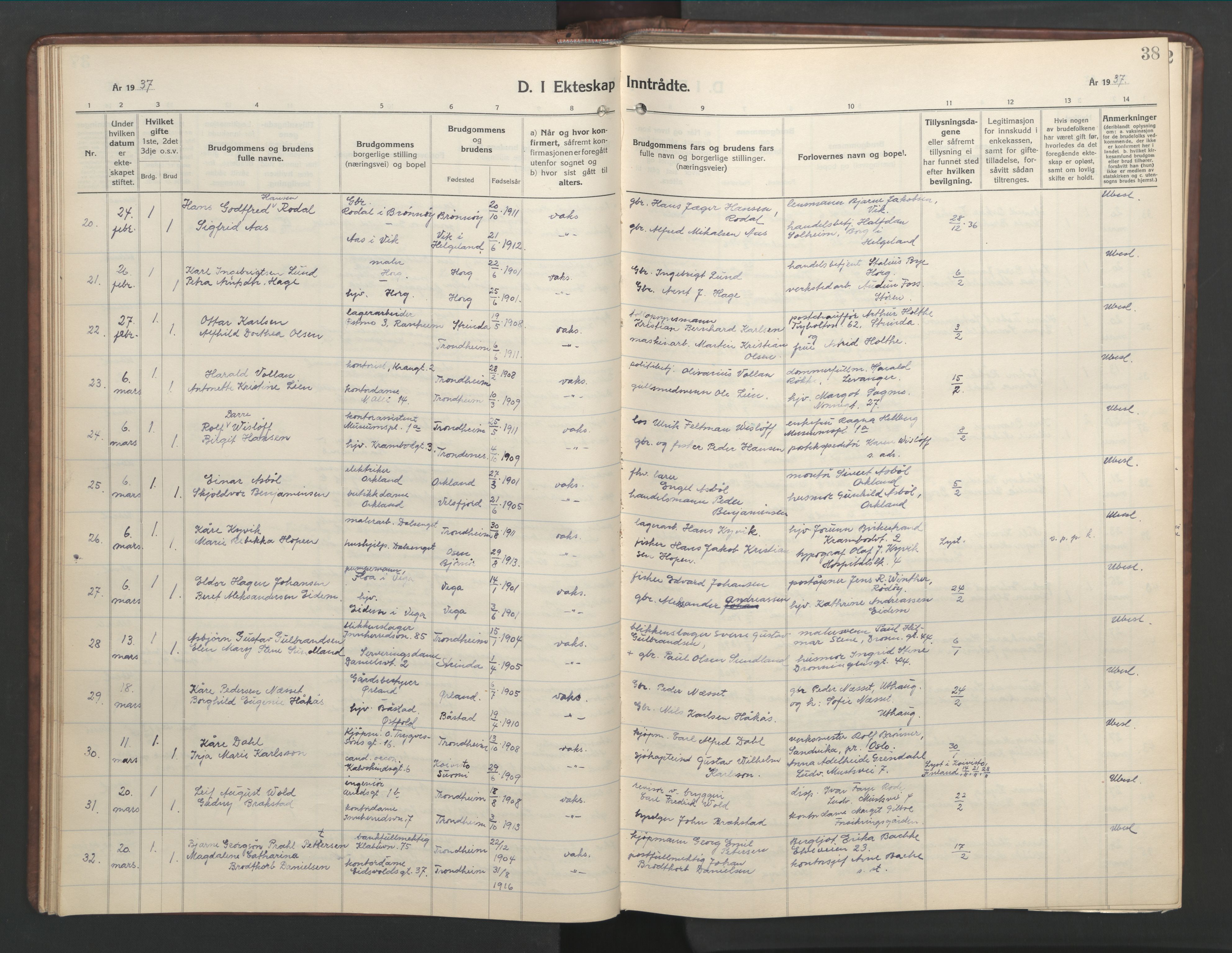 Ministerialprotokoller, klokkerbøker og fødselsregistre - Sør-Trøndelag, SAT/A-1456/601/L0101: Parish register (copy) no. 601C19, 1935-1946, p. 38