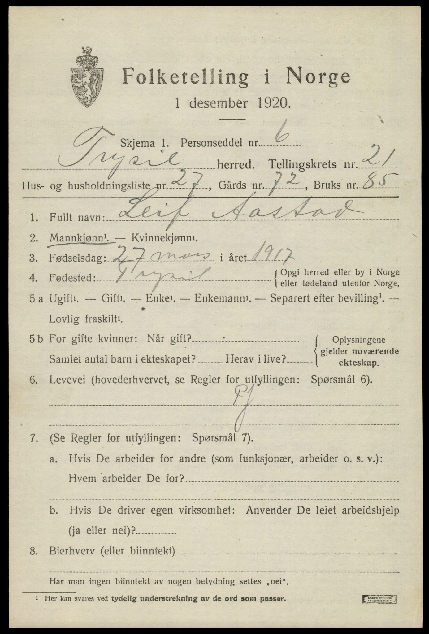 SAH, 1920 census for Trysil, 1920, p. 14099