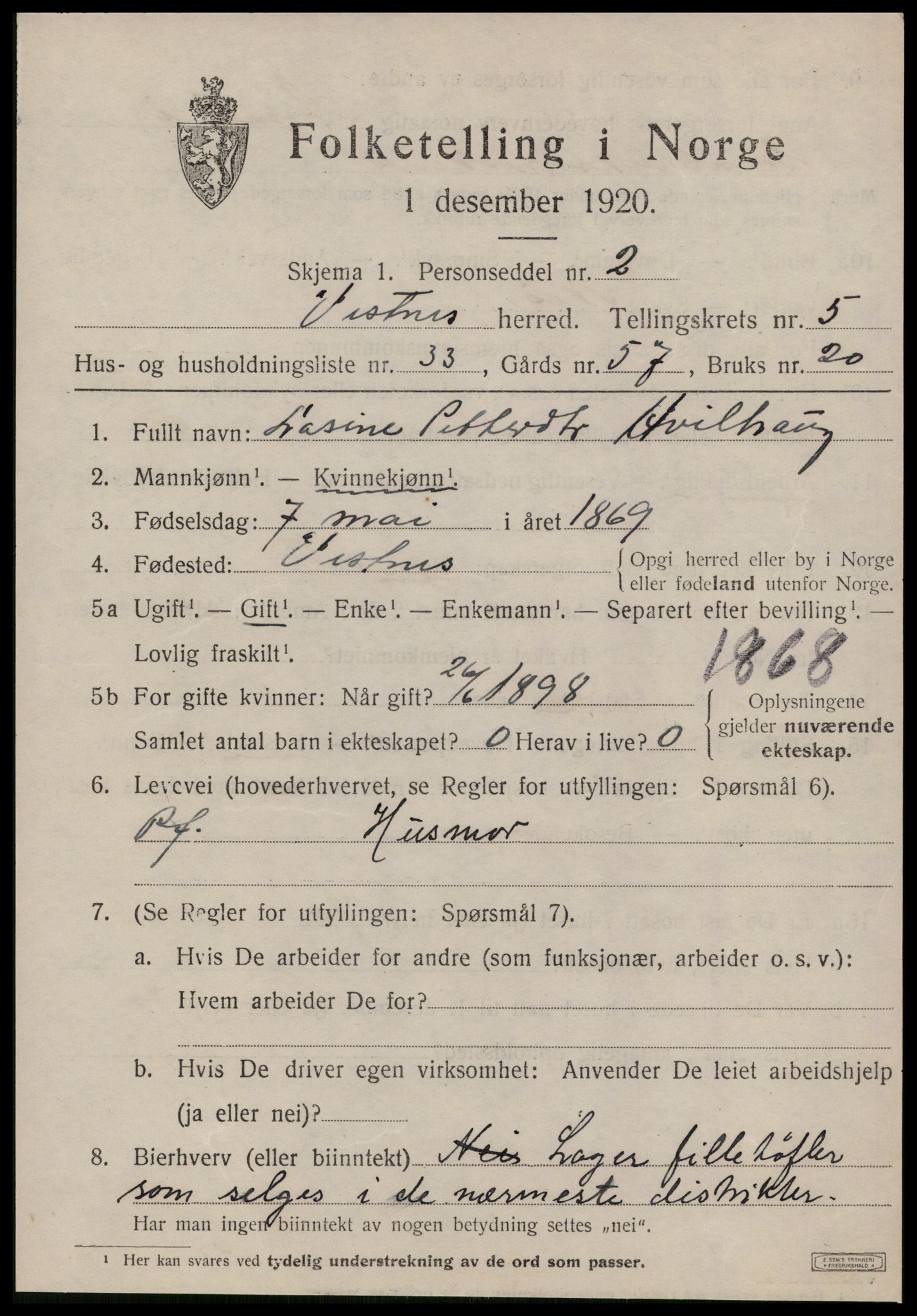 SAT, 1920 census for Vestnes, 1920, p. 4311