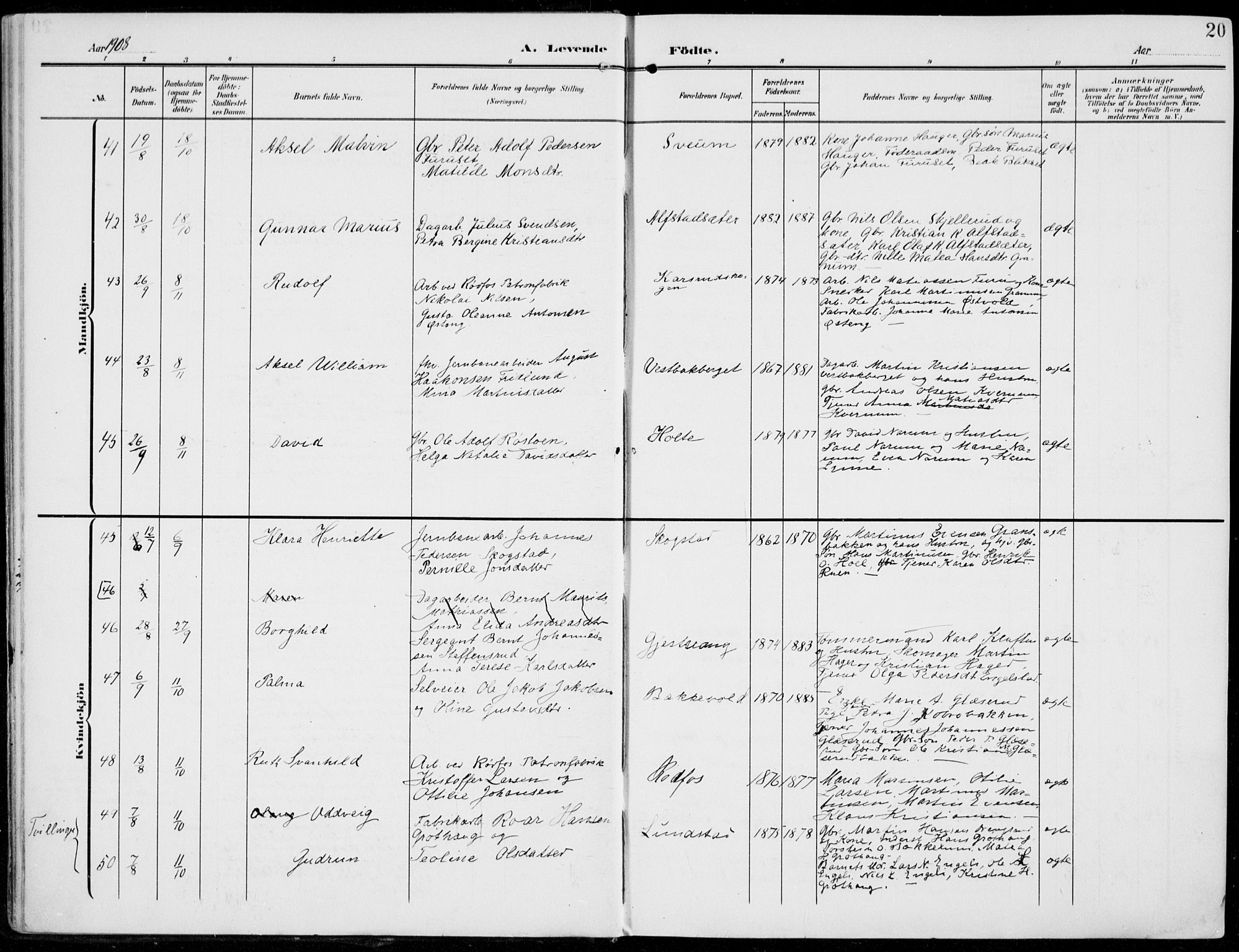 Vestre Toten prestekontor, SAH/PREST-108/H/Ha/Haa/L0014: Parish register (official) no. 14, 1907-1920, p. 20