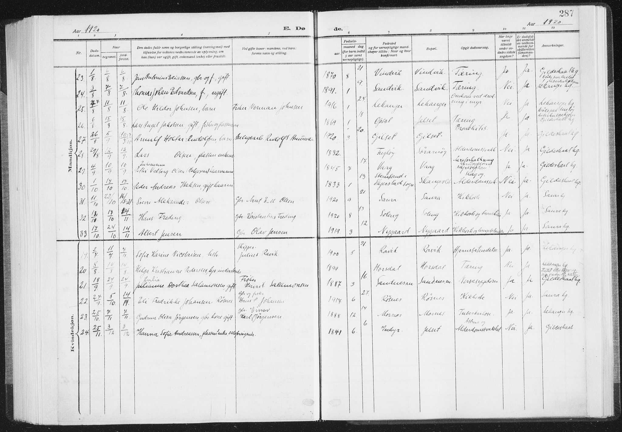 Ministerialprotokoller, klokkerbøker og fødselsregistre - Nordland, AV/SAT-A-1459/805/L0104: Parish register (official) no. 805A09, 1909-1926, p. 287