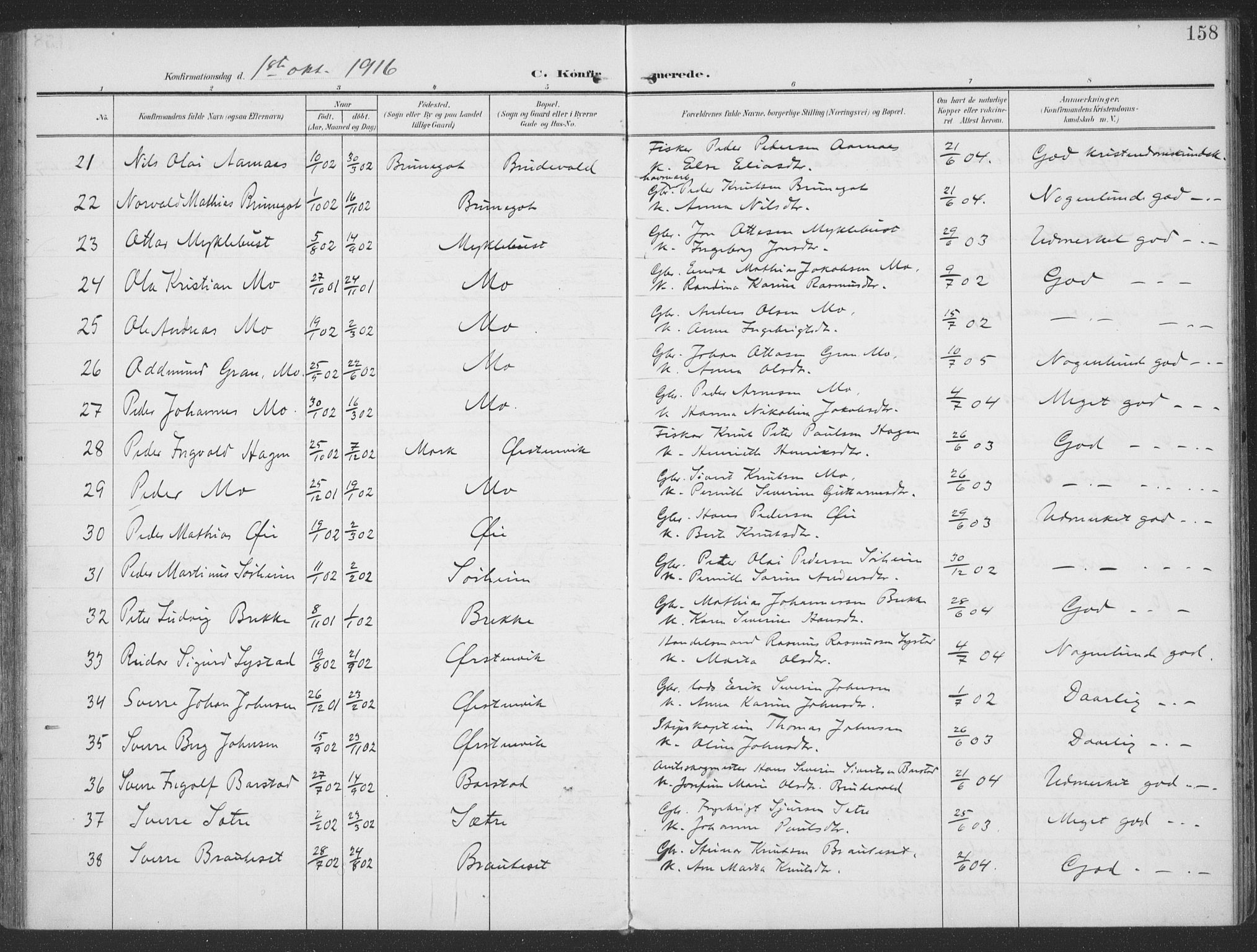 Ministerialprotokoller, klokkerbøker og fødselsregistre - Møre og Romsdal, AV/SAT-A-1454/513/L0178: Parish register (official) no. 513A05, 1906-1919, p. 158