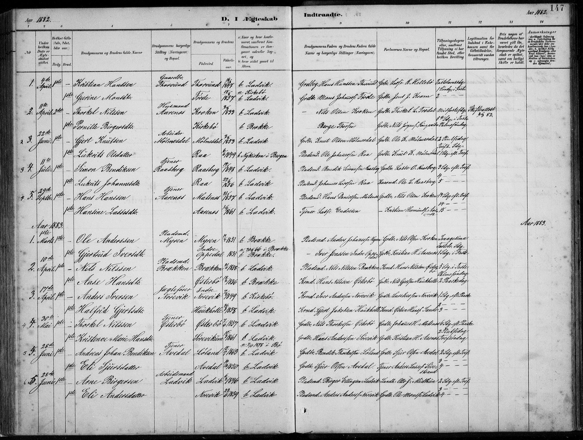 Lavik sokneprestembete, SAB/A-80901: Parish register (copy) no. A 2, 1882-1910, p. 147