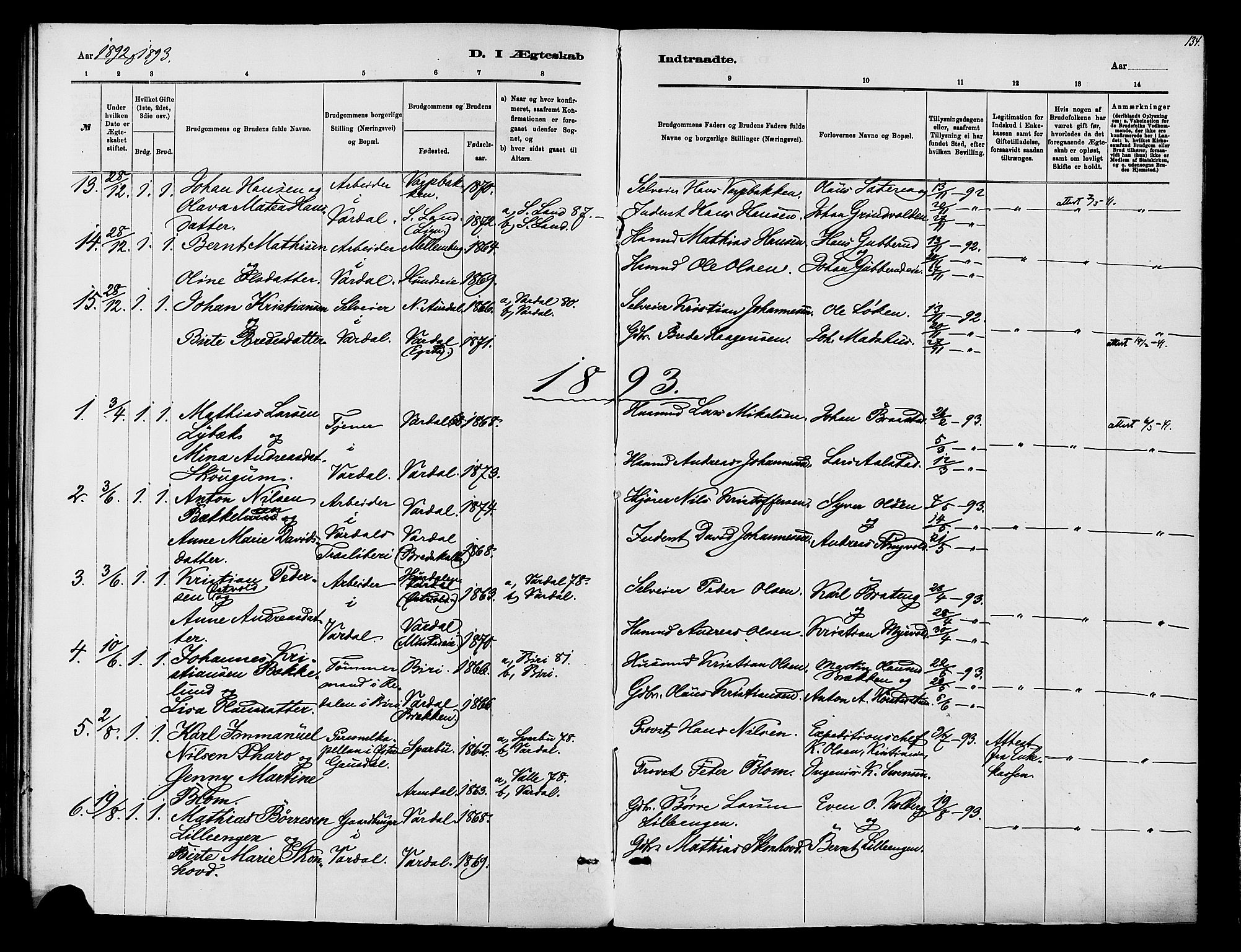 Vardal prestekontor, SAH/PREST-100/H/Ha/Haa/L0010: Parish register (official) no. 10, 1878-1893, p. 134