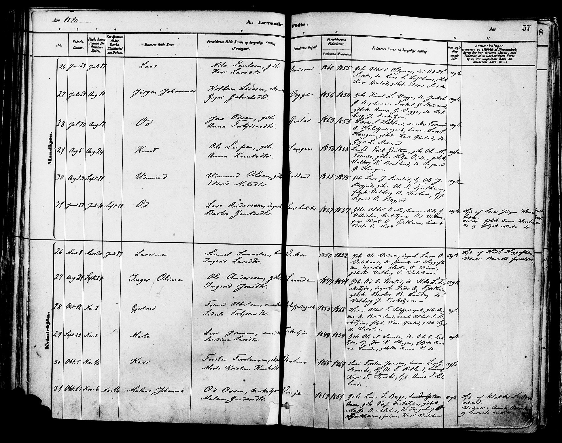 Suldal sokneprestkontor, AV/SAST-A-101845/01/IV/L0011: Parish register (official) no. A 11, 1878-1900, p. 57
