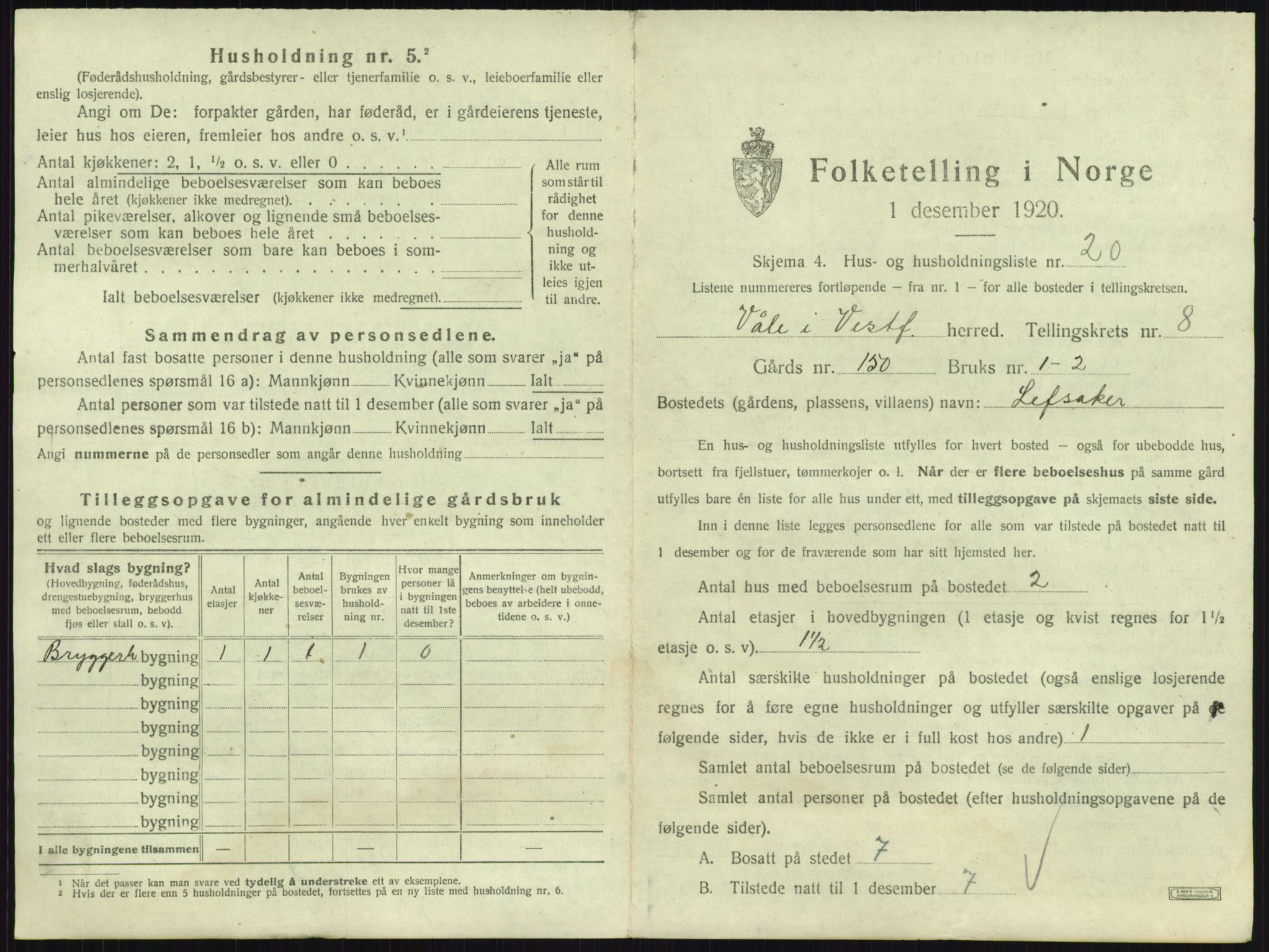 SAKO, 1920 census for Våle, 1920, p. 1012