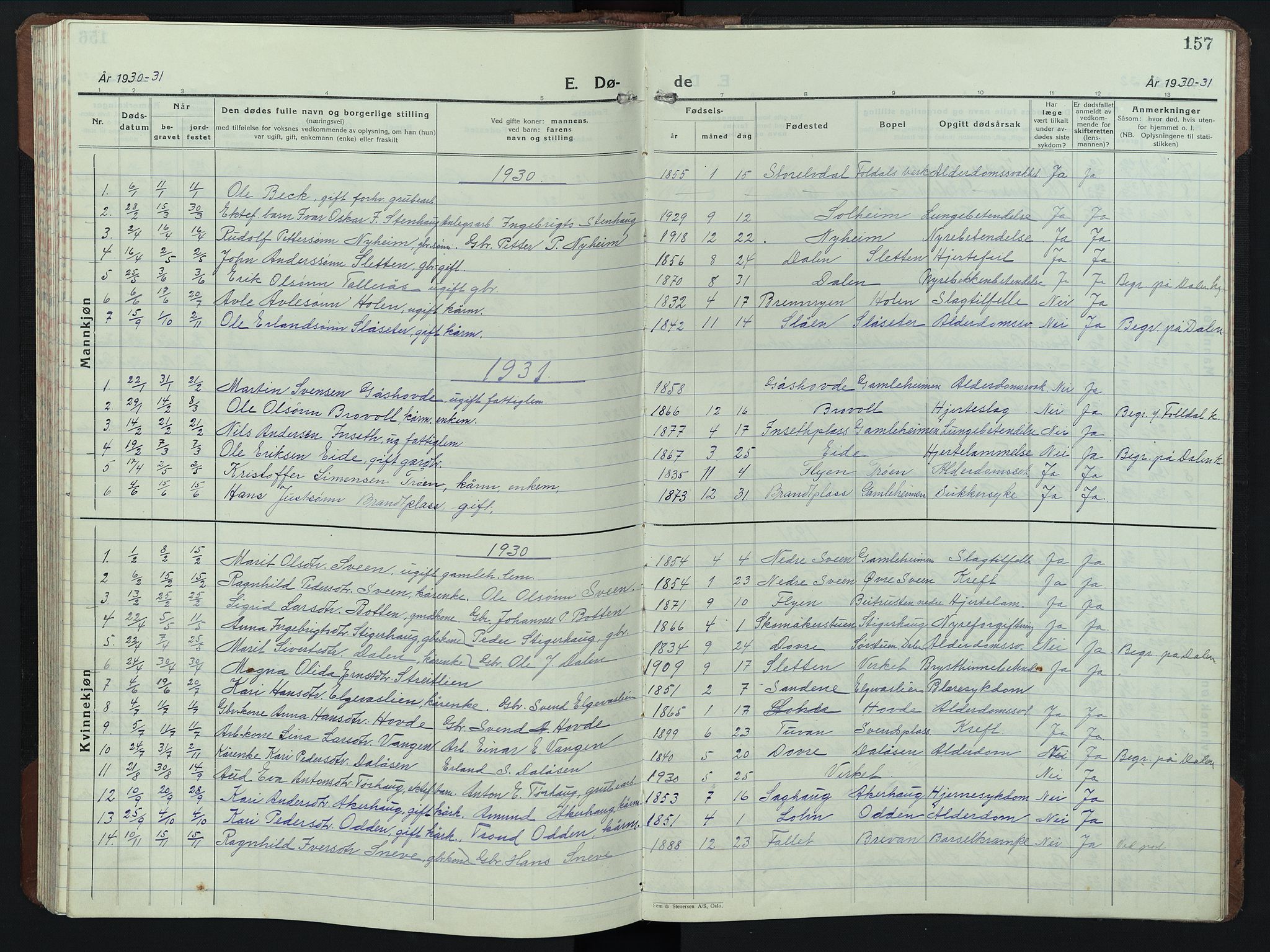 Alvdal prestekontor, SAH/PREST-060/H/Ha/Hab/L0008: Parish register (copy) no. 8, 1925-1953, p. 157