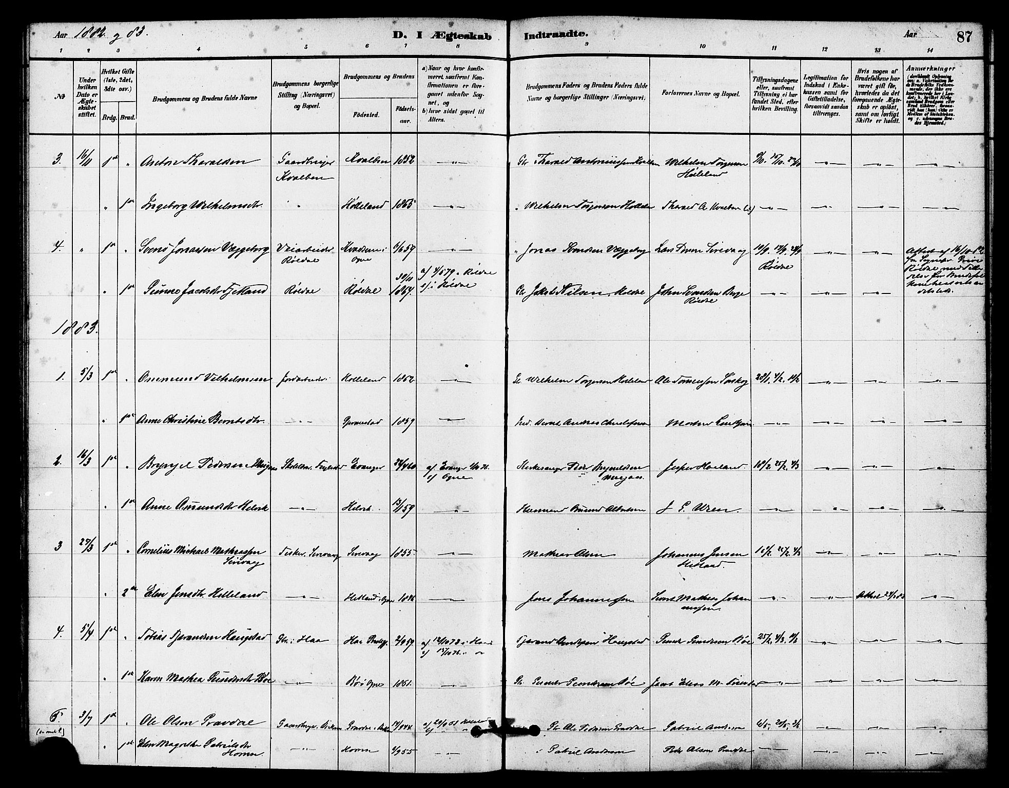 Eigersund sokneprestkontor, AV/SAST-A-101807/S08/L0016: Parish register (official) no. A 16, 1879-1893, p. 87