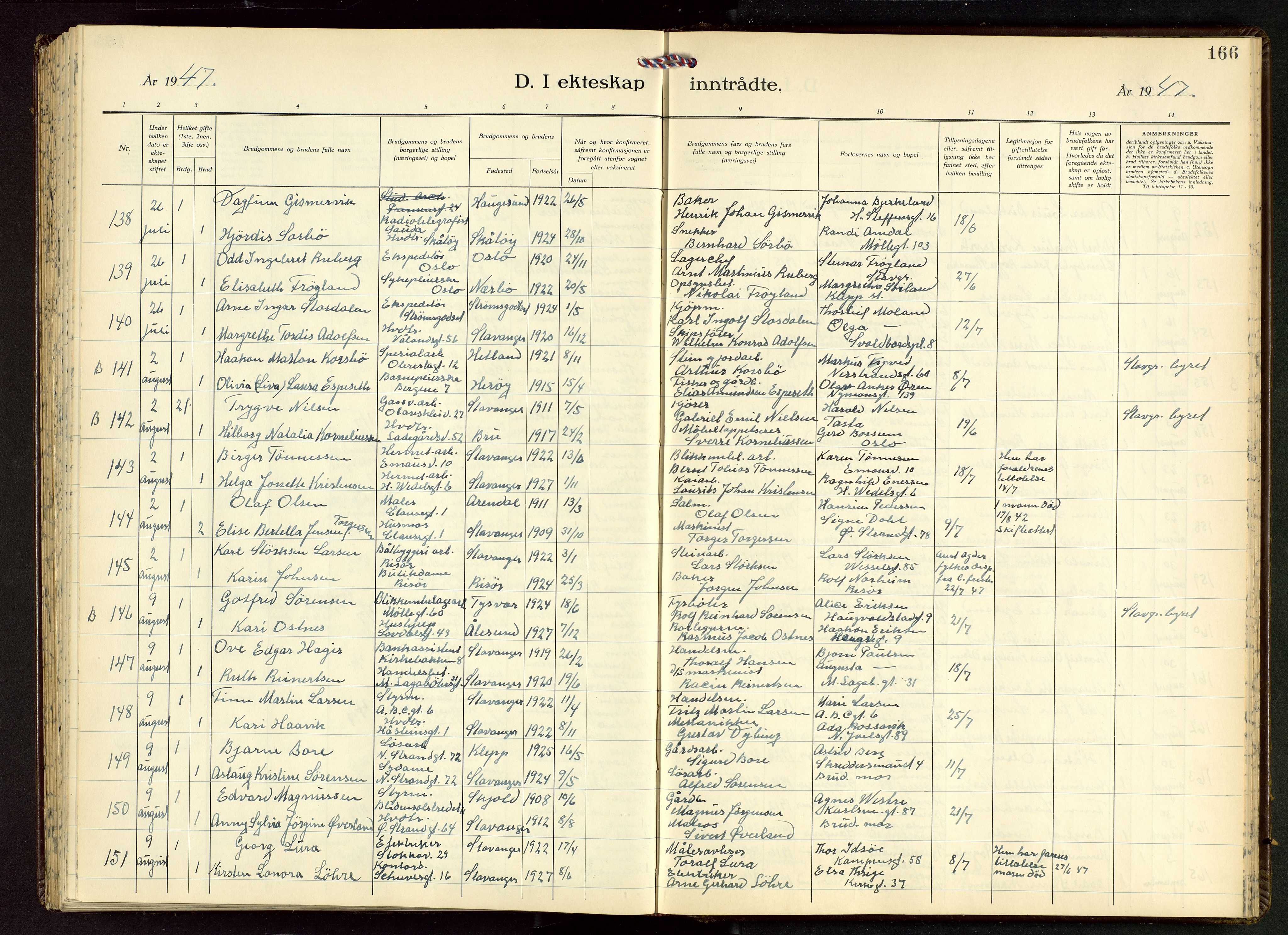 Domkirken sokneprestkontor, SAST/A-101812/001/30/30BB/L0022: Parish register (copy) no. B 22, 1937-1949, p. 166
