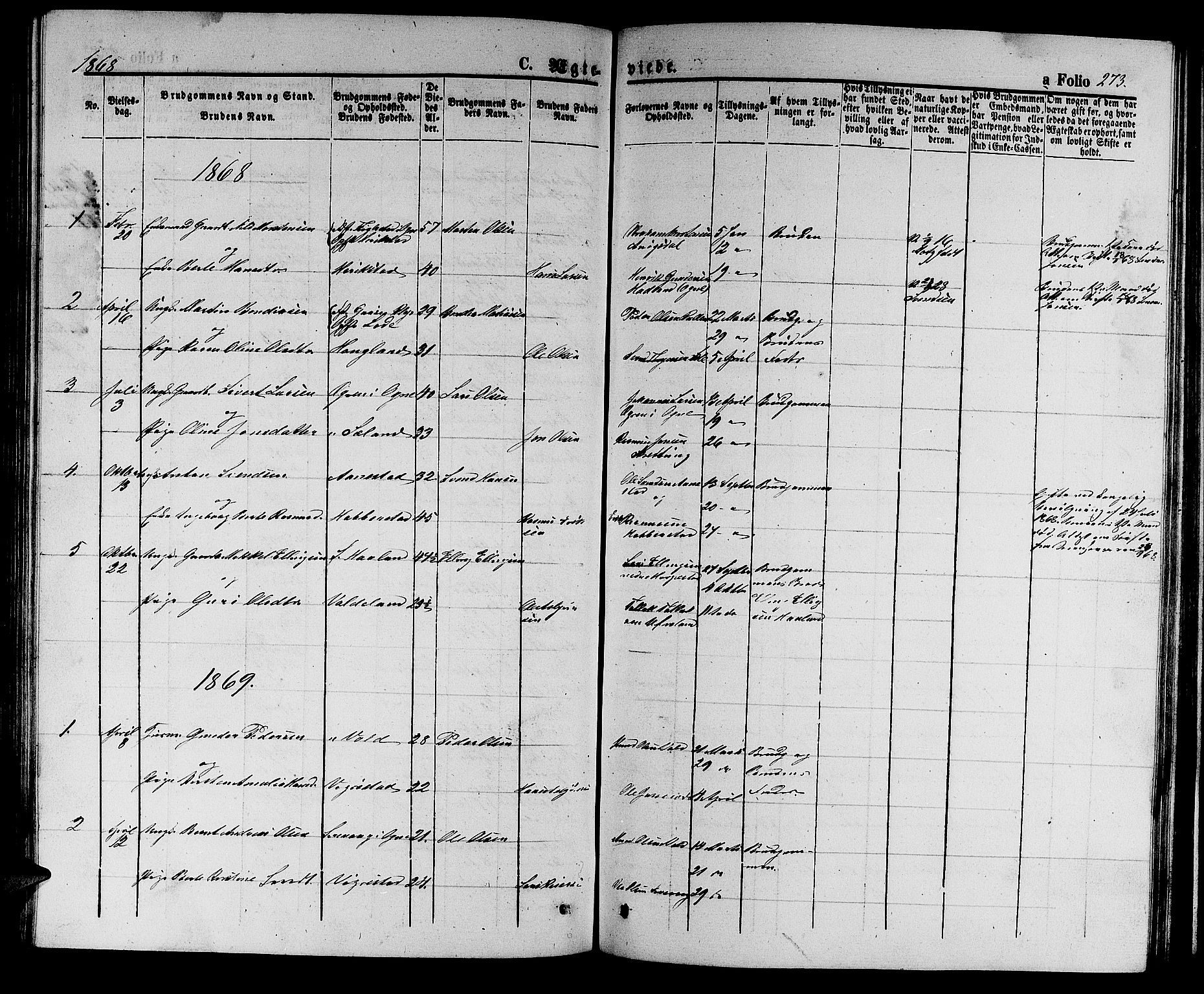 Hå sokneprestkontor, AV/SAST-A-101801/001/30BB/L0002: Parish register (copy) no. B 2, 1854-1883, p. 273