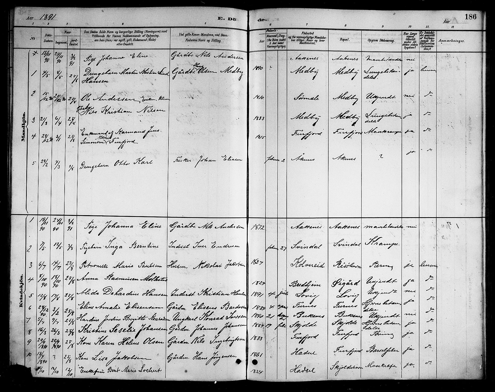 Ministerialprotokoller, klokkerbøker og fødselsregistre - Nordland, AV/SAT-A-1459/898/L1427: Parish register (copy) no. 898C02, 1887-1917, p. 186