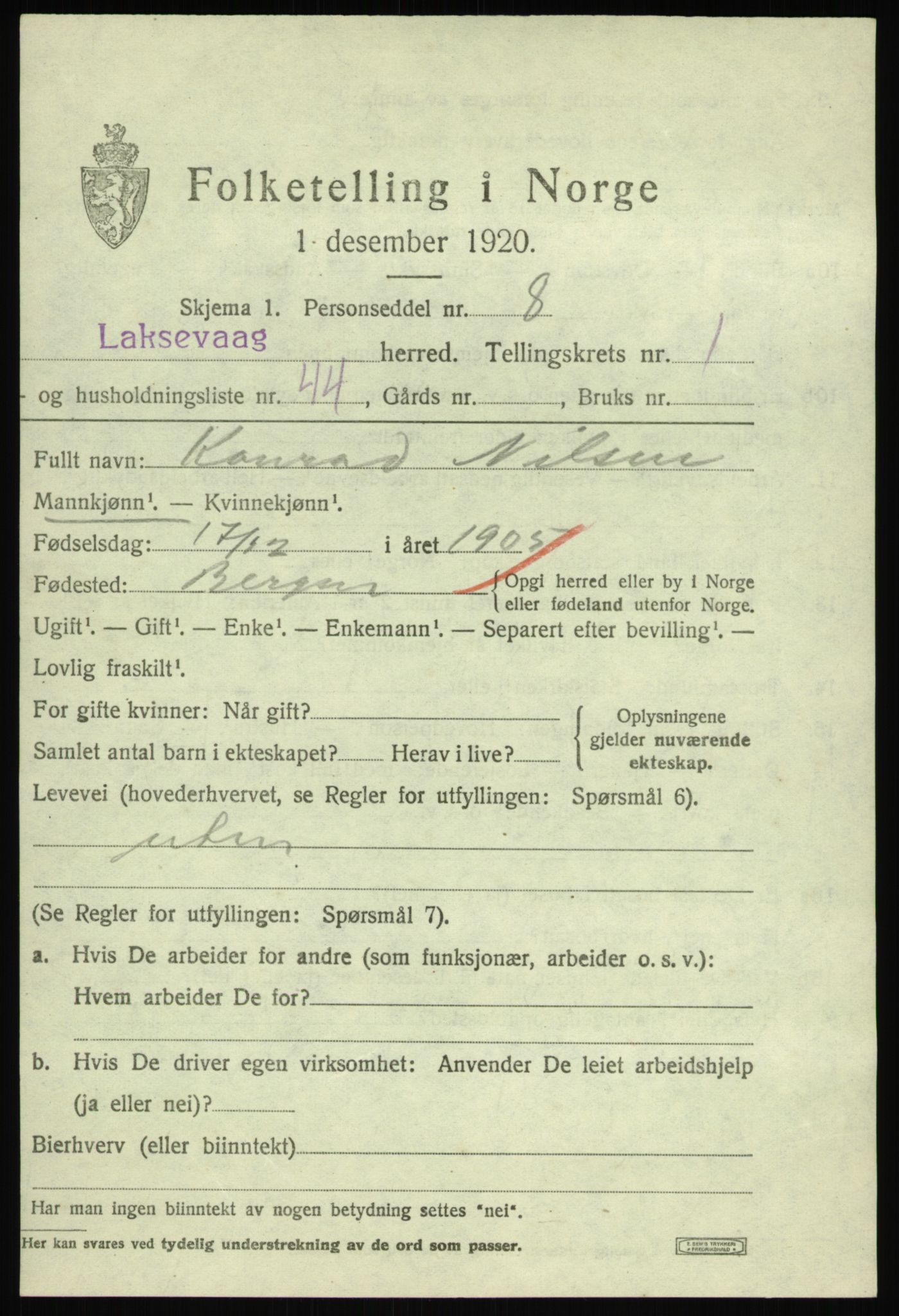 SAB, 1920 census for Laksevåg, 1920, p. 3268