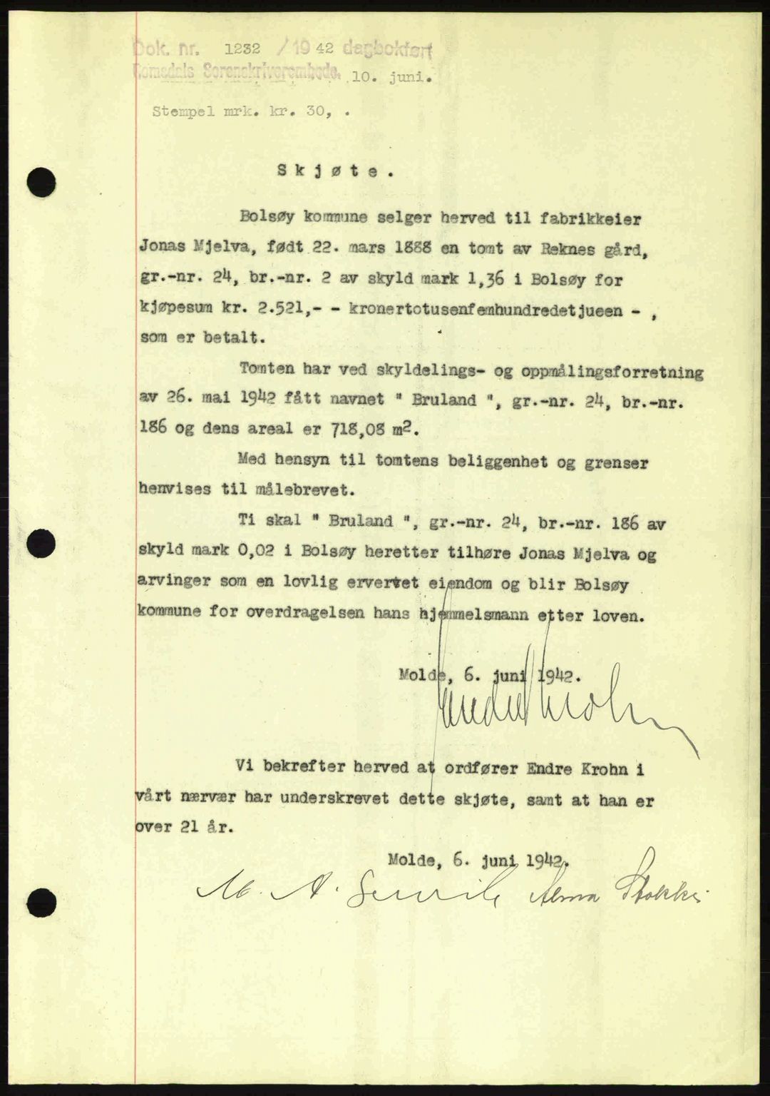 Romsdal sorenskriveri, AV/SAT-A-4149/1/2/2C: Mortgage book no. A12, 1942-1942, Diary no: : 1232/1942