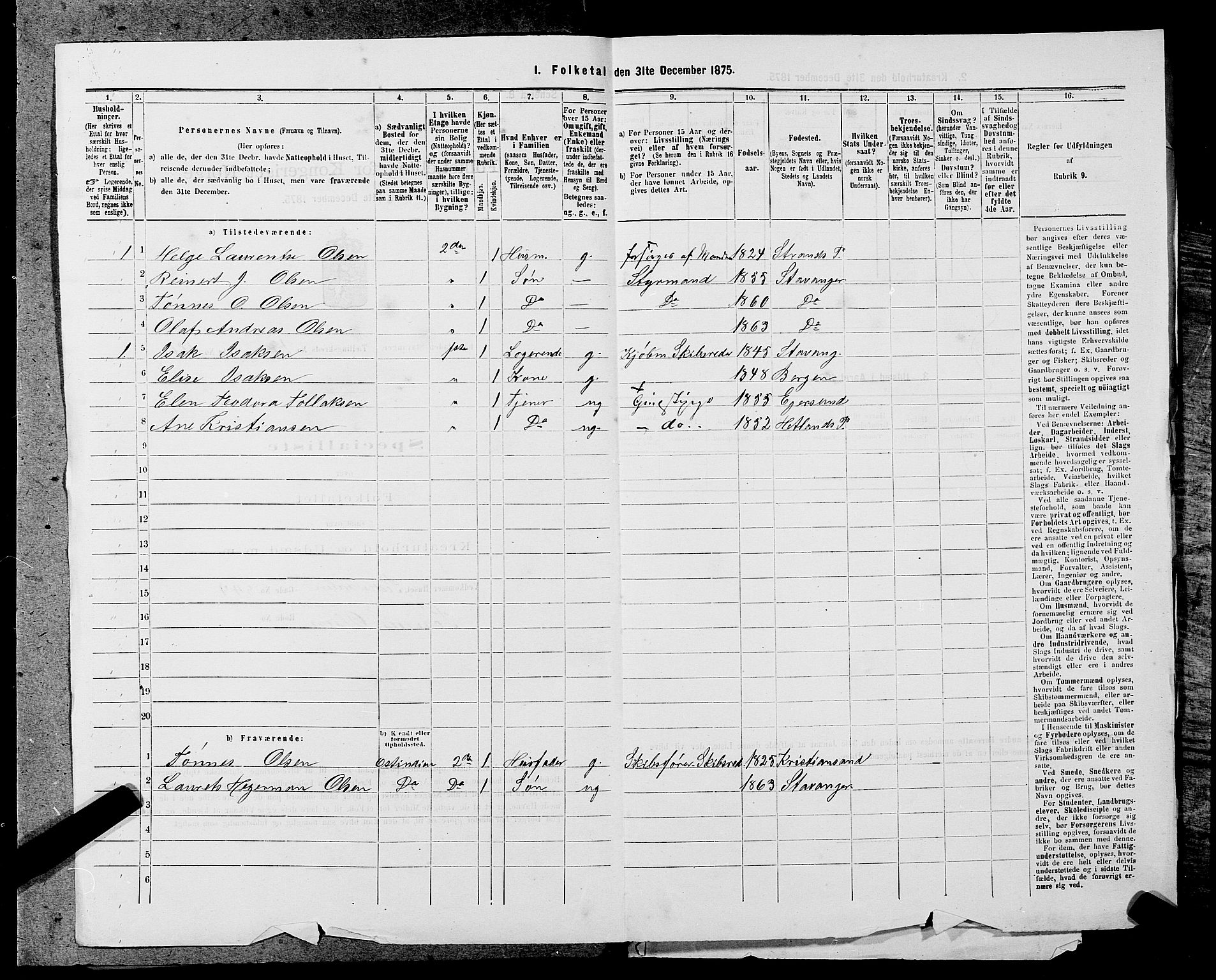 SAST, 1875 census for 1103 Stavanger, 1875, p. 2725