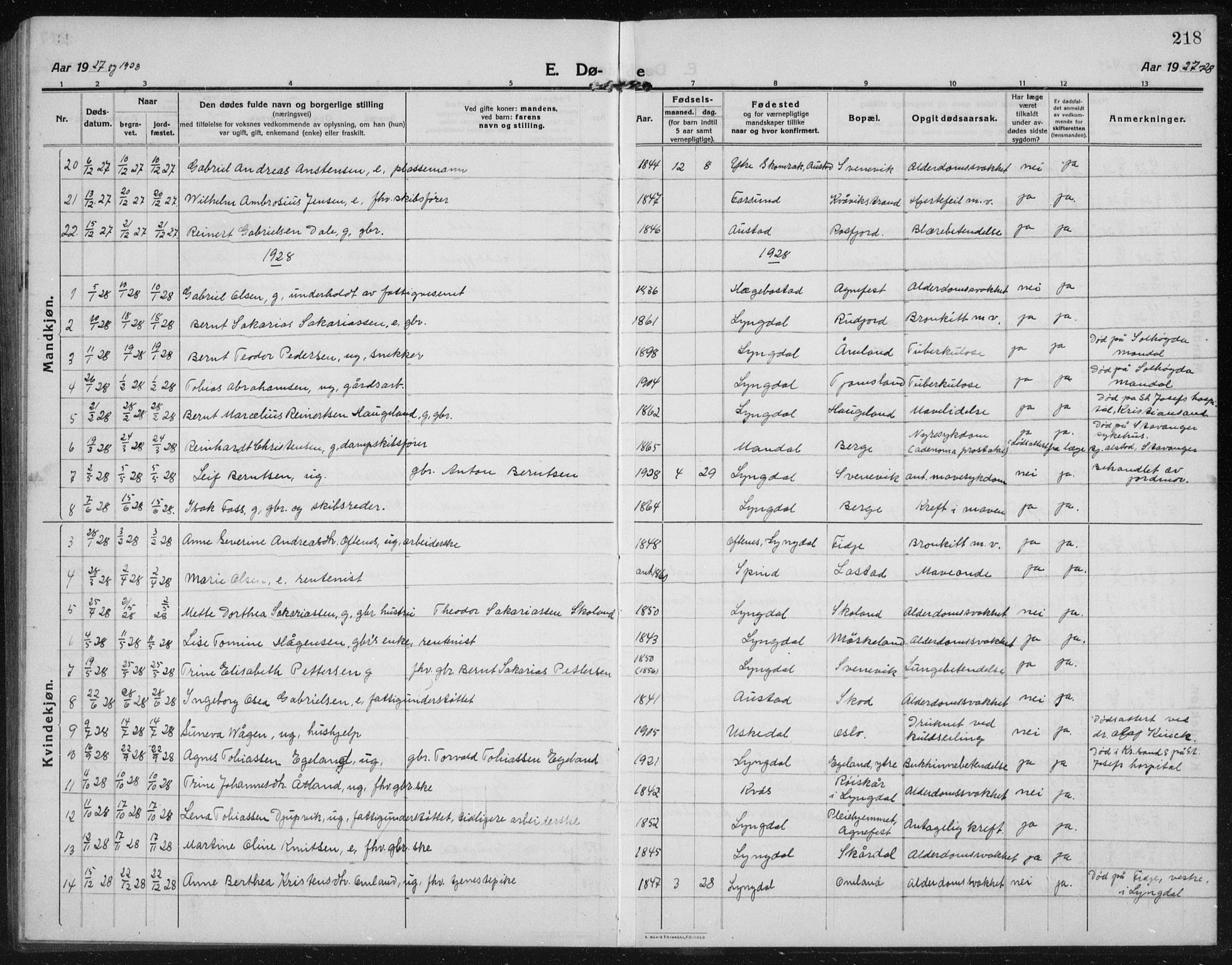 Lyngdal sokneprestkontor, AV/SAK-1111-0029/F/Fb/Fbc/L0006: Parish register (copy) no. B 6, 1914-1934, p. 218