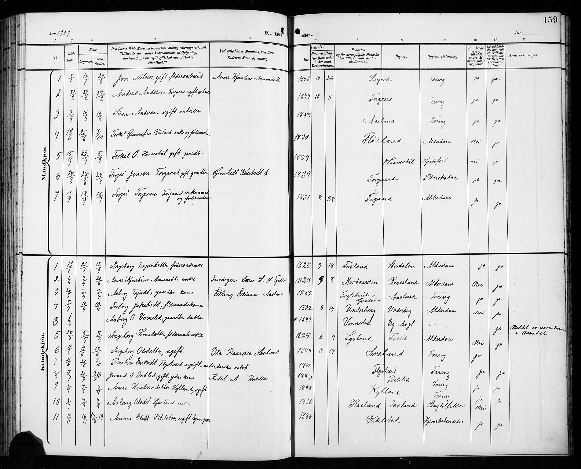 Åseral sokneprestkontor, AV/SAK-1111-0051/F/Fb/L0003: Parish register (copy) no. B 3, 1900-1919, p. 159