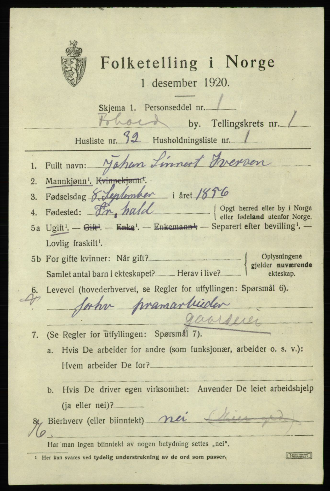 SAO, 1920 census for Fredrikshald, 1920, p. 8656