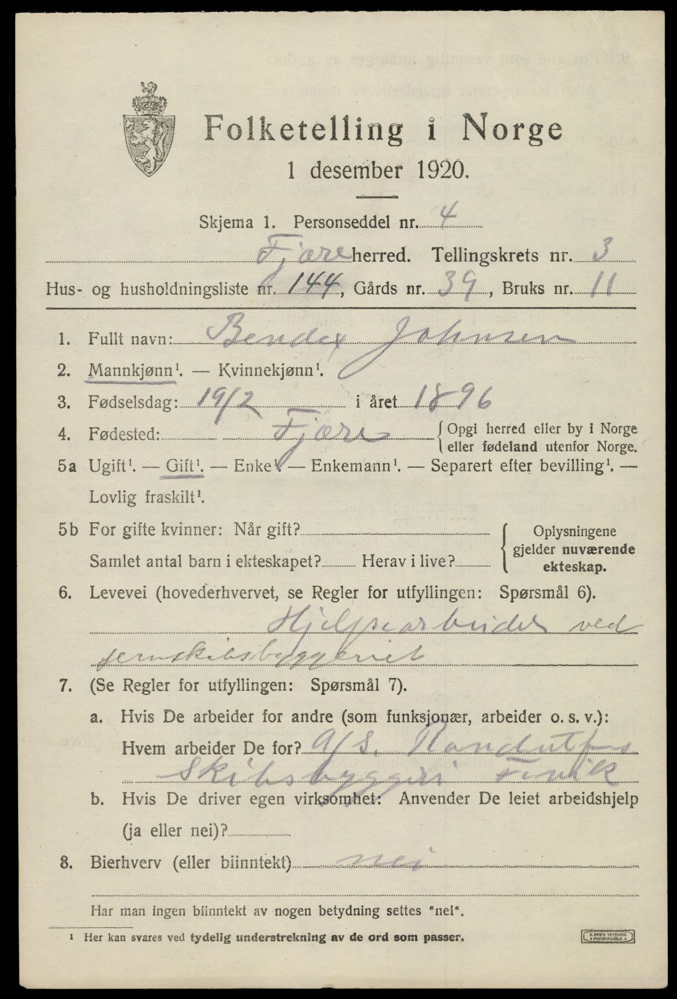 SAK, 1920 census for Fjære, 1920, p. 6331