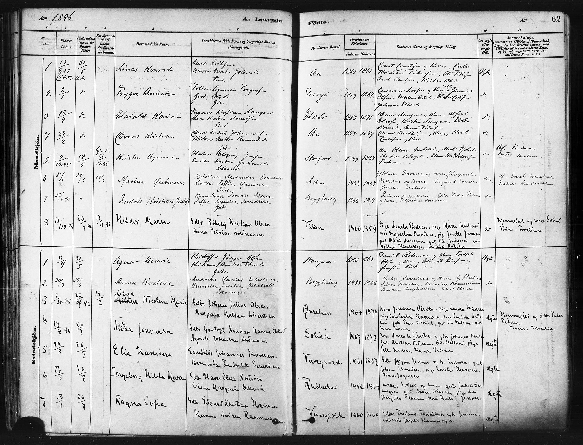 Tranøy sokneprestkontor, AV/SATØ-S-1313/I/Ia/Iaa/L0009kirke: Parish register (official) no. 9, 1878-1904, p. 62