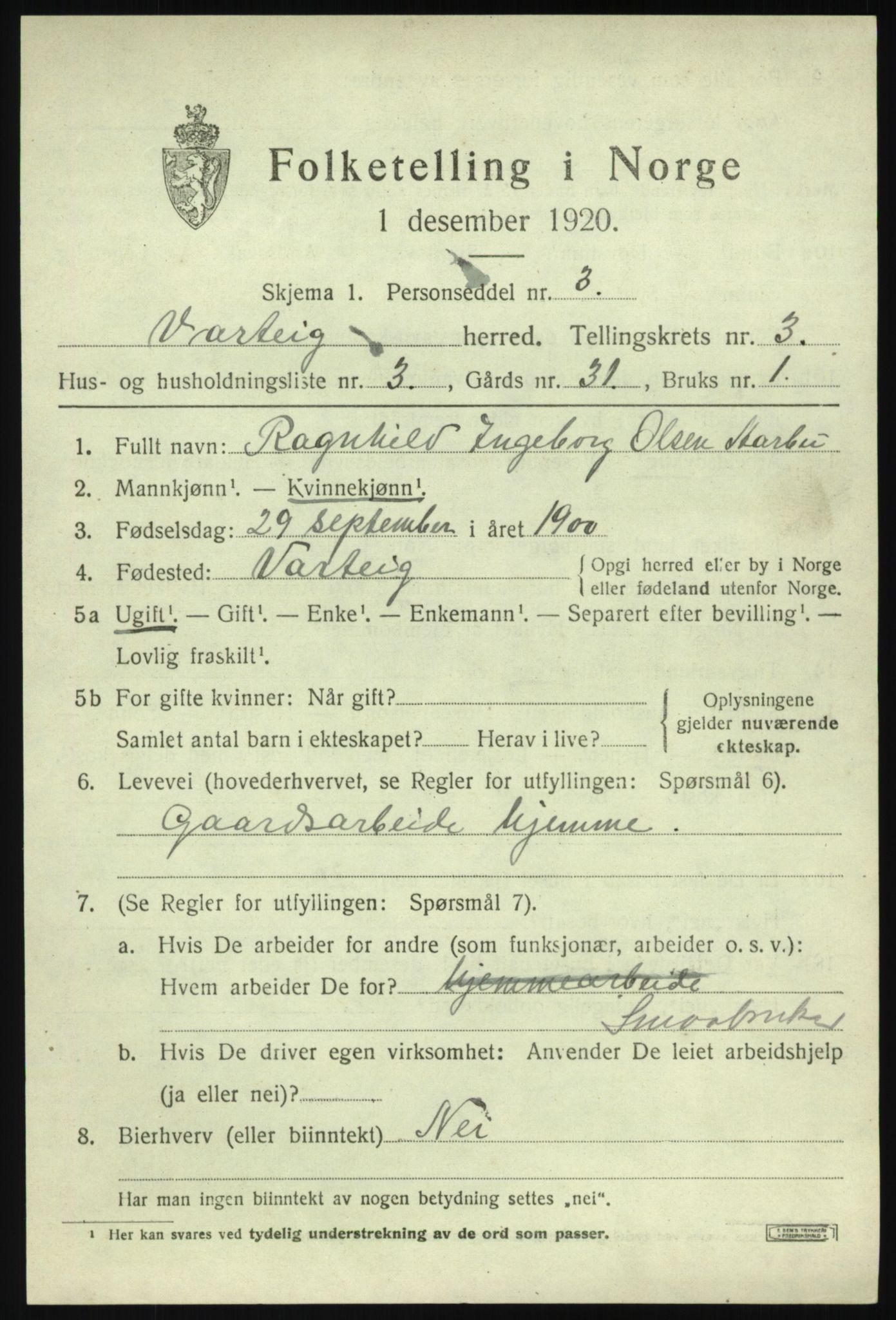 SAO, 1920 census for Varteig, 1920, p. 1961