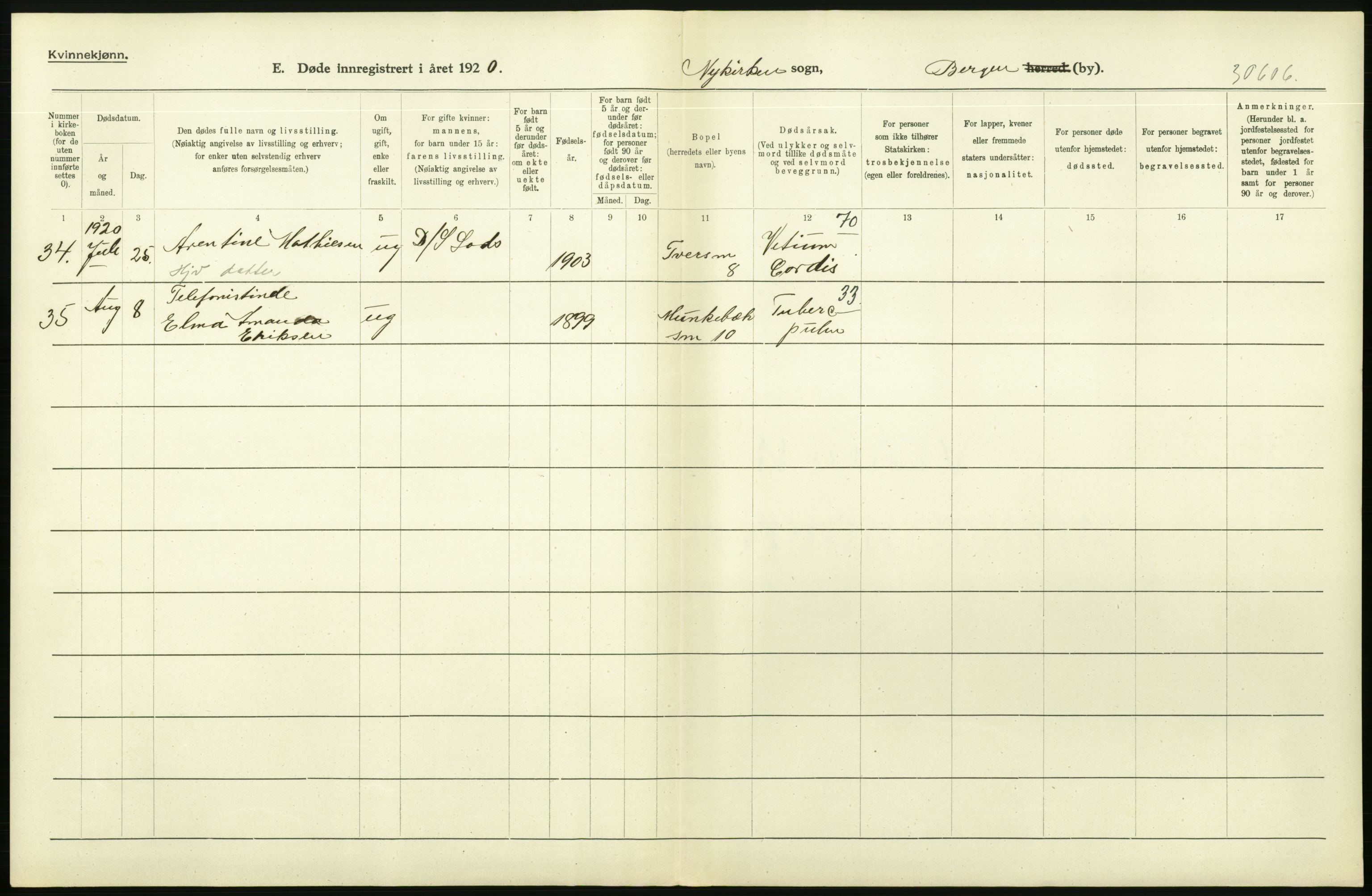 Statistisk sentralbyrå, Sosiodemografiske emner, Befolkning, AV/RA-S-2228/D/Df/Dfb/Dfbj/L0042: Bergen: Gifte, døde, dødfødte., 1920, p. 554