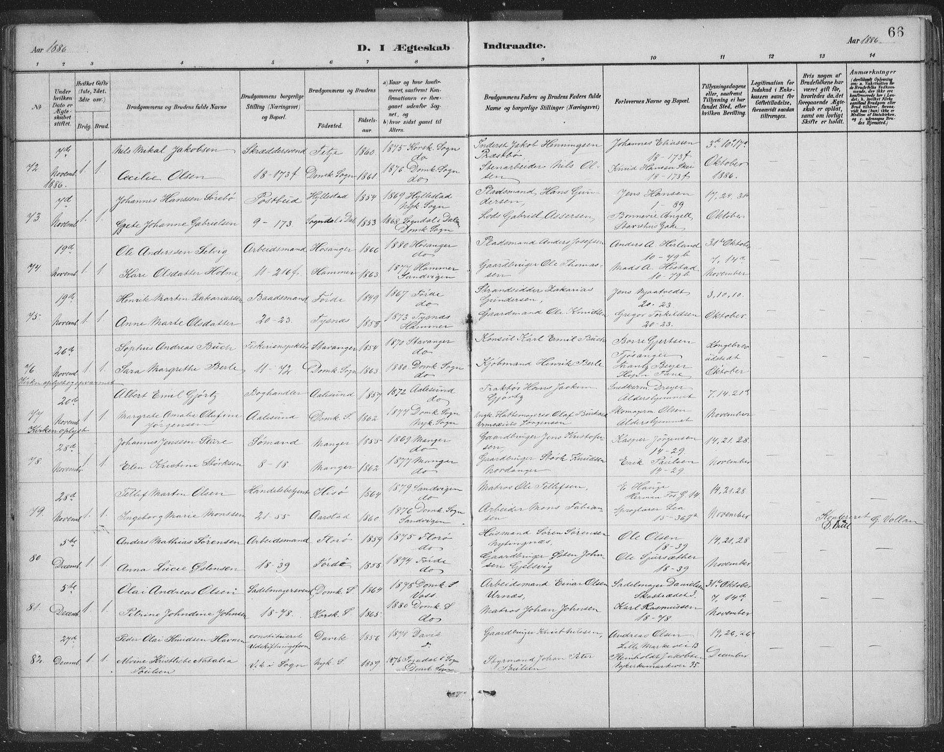 Domkirken sokneprestembete, SAB/A-74801/H/Hab/L0032: Parish register (copy) no. D 4, 1880-1907, p. 66