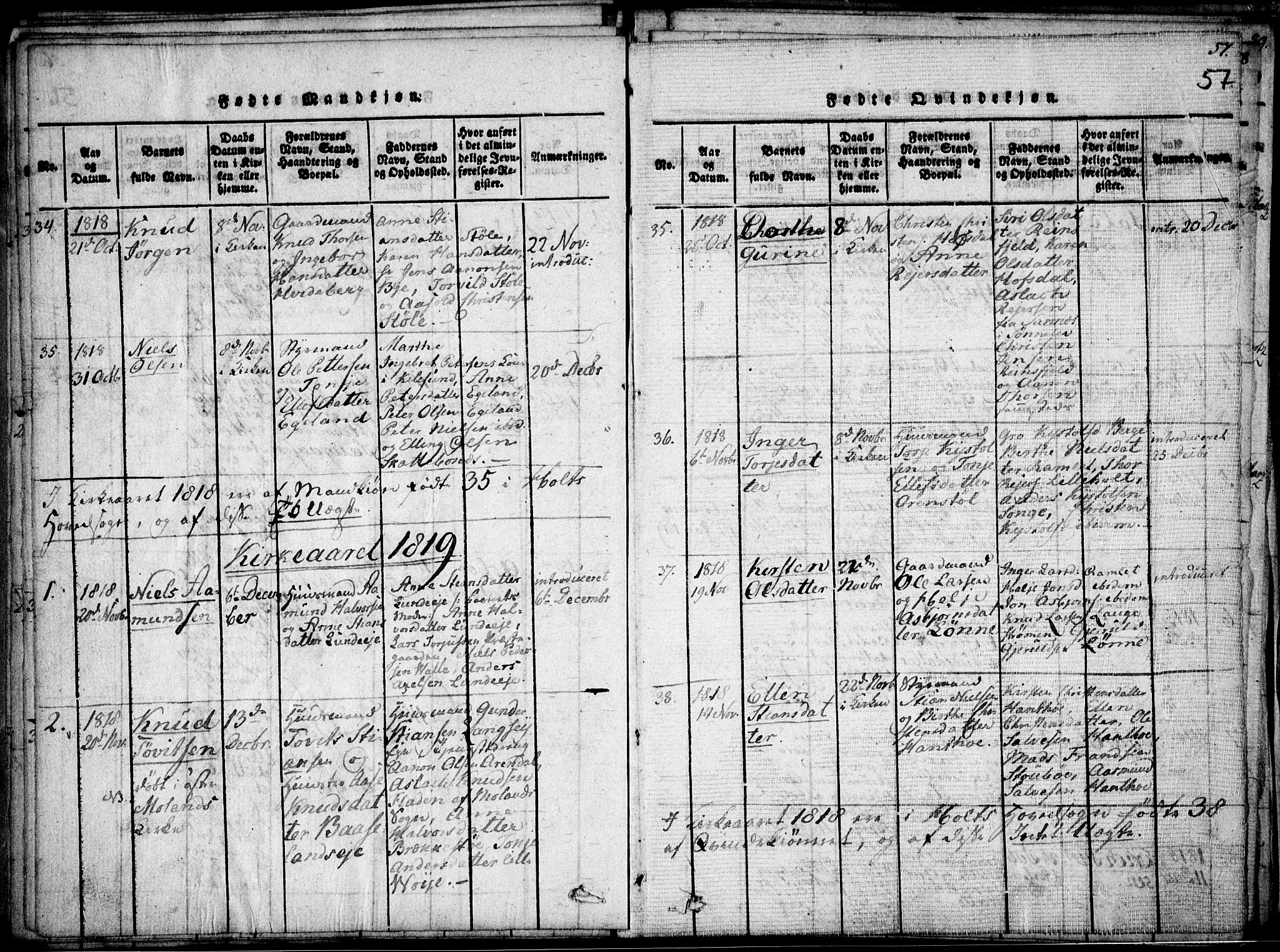 Holt sokneprestkontor, AV/SAK-1111-0021/F/Fa/L0005: Parish register (official) no. A 5, 1813-1821, p. 57