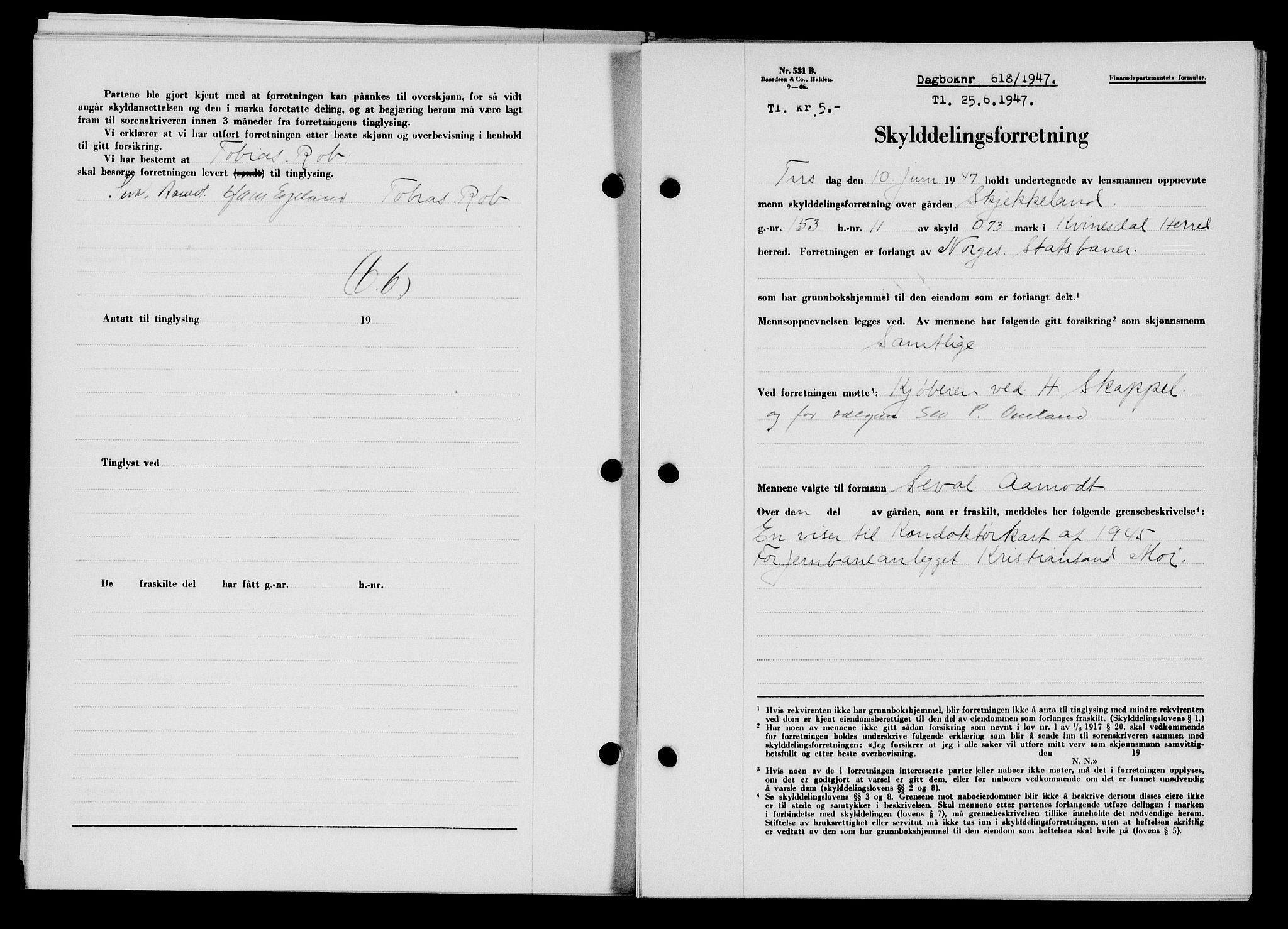 Flekkefjord sorenskriveri, SAK/1221-0001/G/Gb/Gba/L0062: Mortgage book no. A-10, 1947-1947, Diary no: : 618/1947