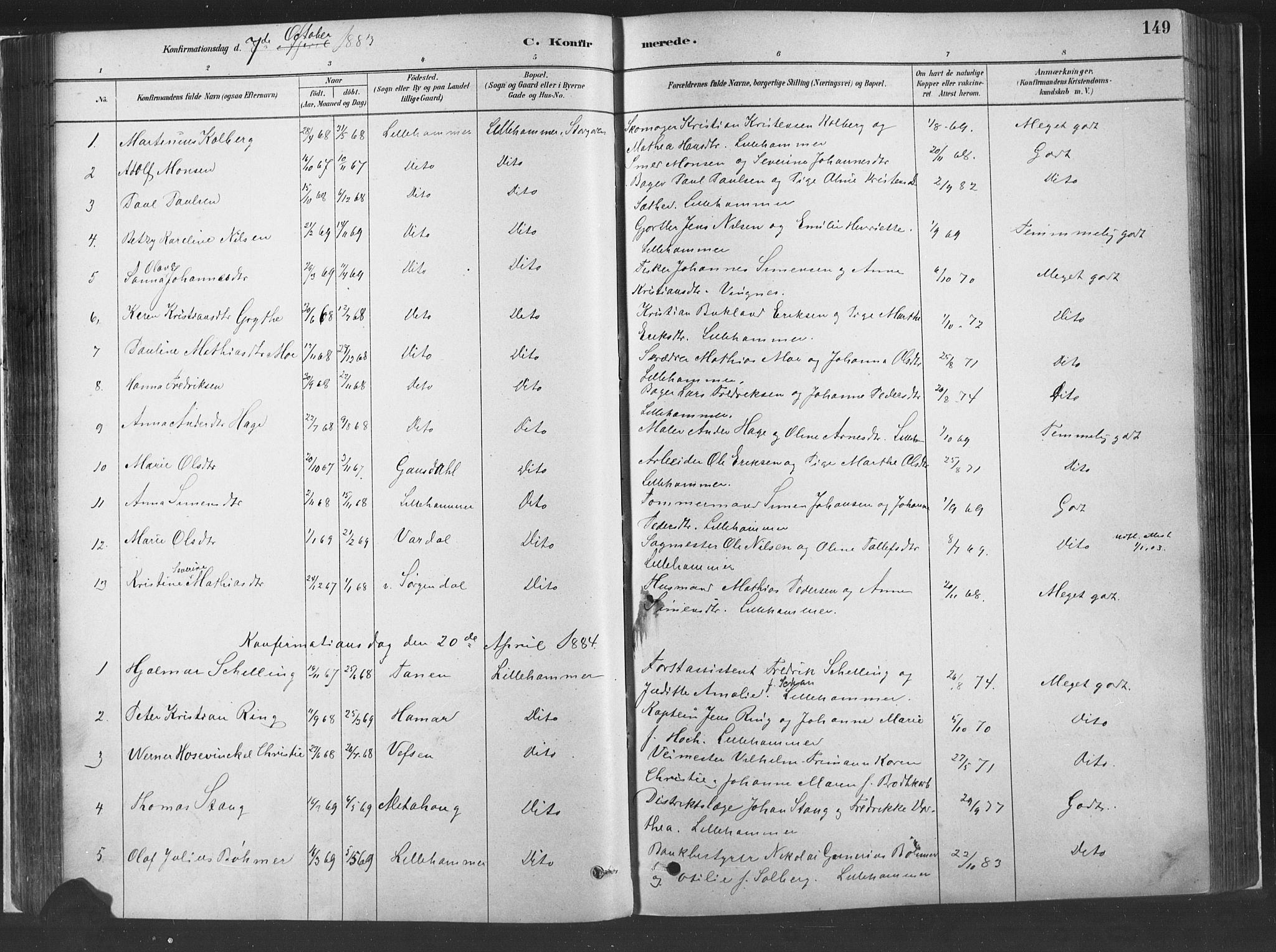 Fåberg prestekontor, SAH/PREST-086/H/Ha/Haa/L0010: Parish register (official) no. 10, 1879-1900, p. 149