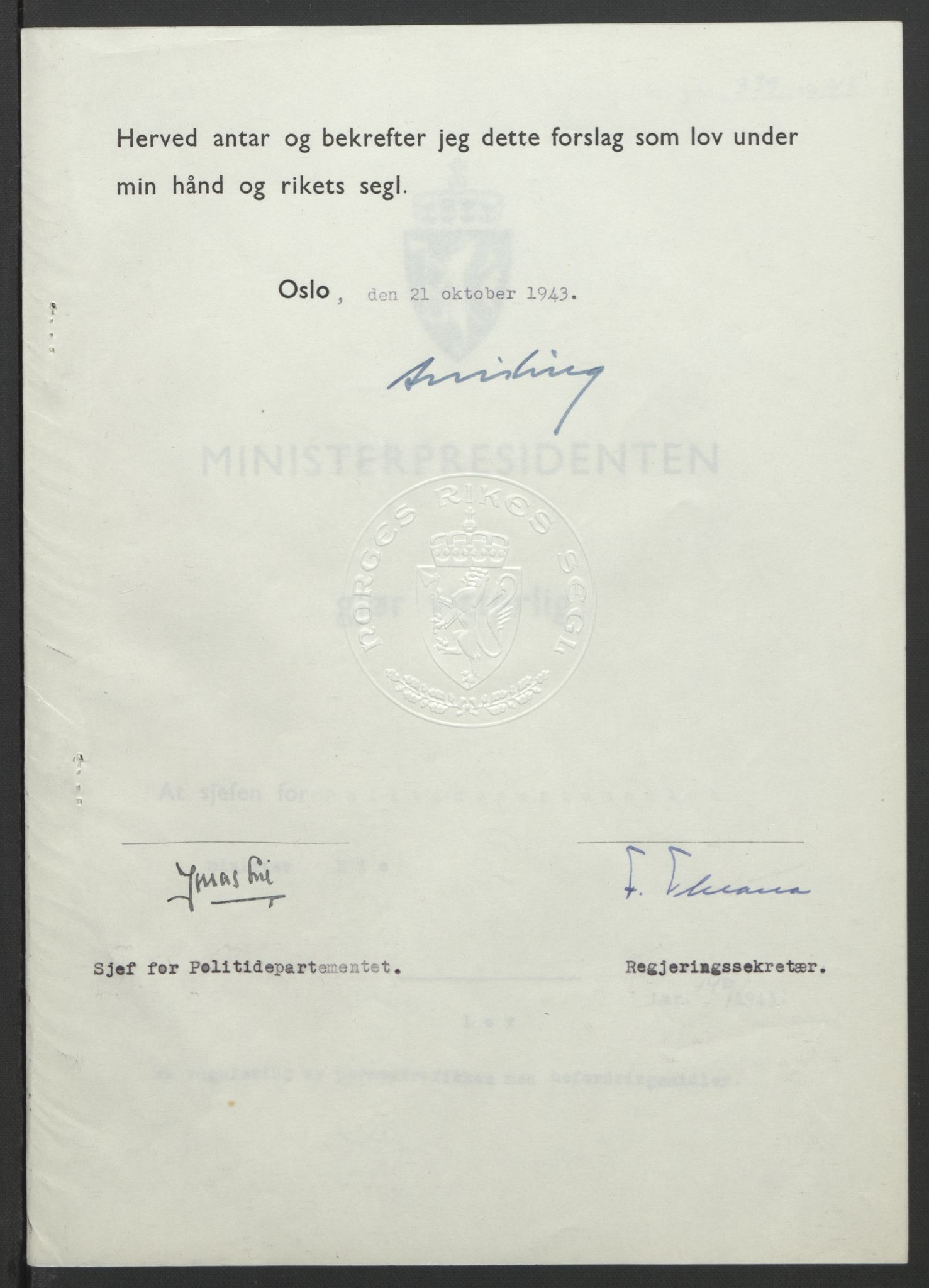 NS-administrasjonen 1940-1945 (Statsrådsekretariatet, de kommisariske statsråder mm), AV/RA-S-4279/D/Db/L0099: Lover, 1943, p. 656